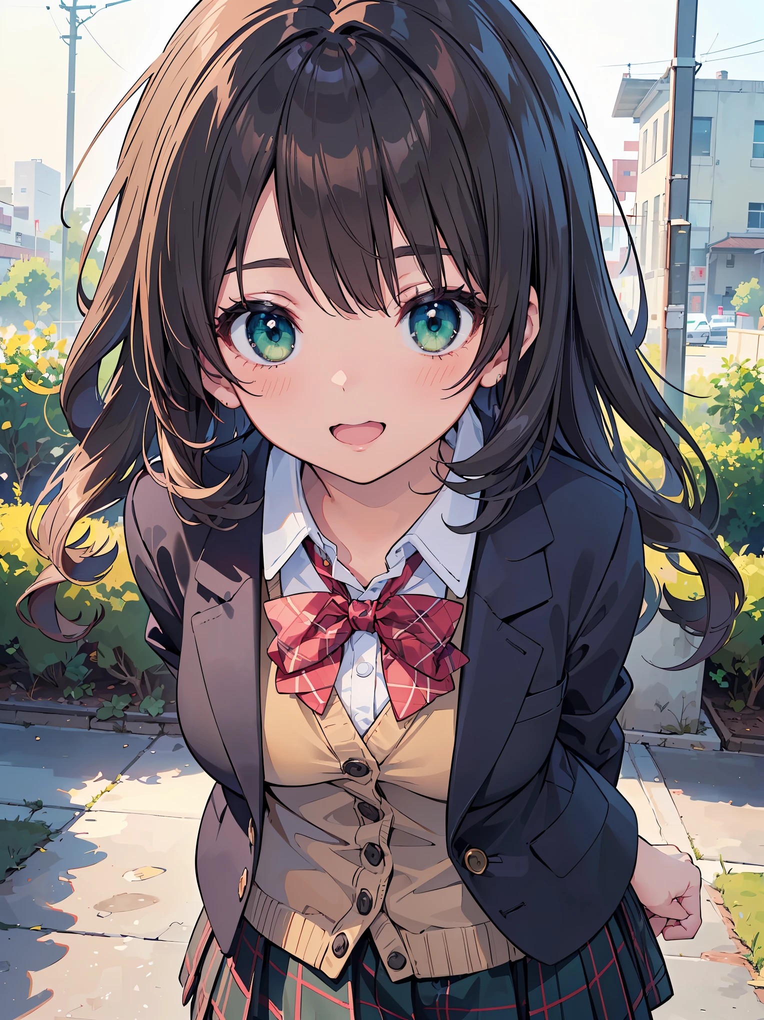 ((masutepiece, Best Quality, hight resolution, nffsw, Perfect Pixel, depth of fields, 4K, nffsw, nffsw))), 1girl in, Single, Solo, Beautiful anime girl, Beautiful Art Style, Anime Character, ((Long hair, Bangs, dark brown hair, Curly hair:0.8)), ((Green eyes:1.4, Detailed eyes, Beautiful eyes, Perfect eyes,Curly eyelashes, Realistic eyes)), ((Detailed face, Blushing:1.2)), ((Smooth texture:0.75, Realistic texture:0.5, Anime CG style)), medium breasts, Dynamic Angle, busty, Perfect body, Dynamic Pose, ((red bowtie, School uniform, Black jacket, Open jacket, Brown cardigan, White shirt, Black skirt, plaid skirts)), Smile, Open mouth, arms behind back, Leaning forward, Amulment Park, ((close up, POV, Cute, Shoot in the face))