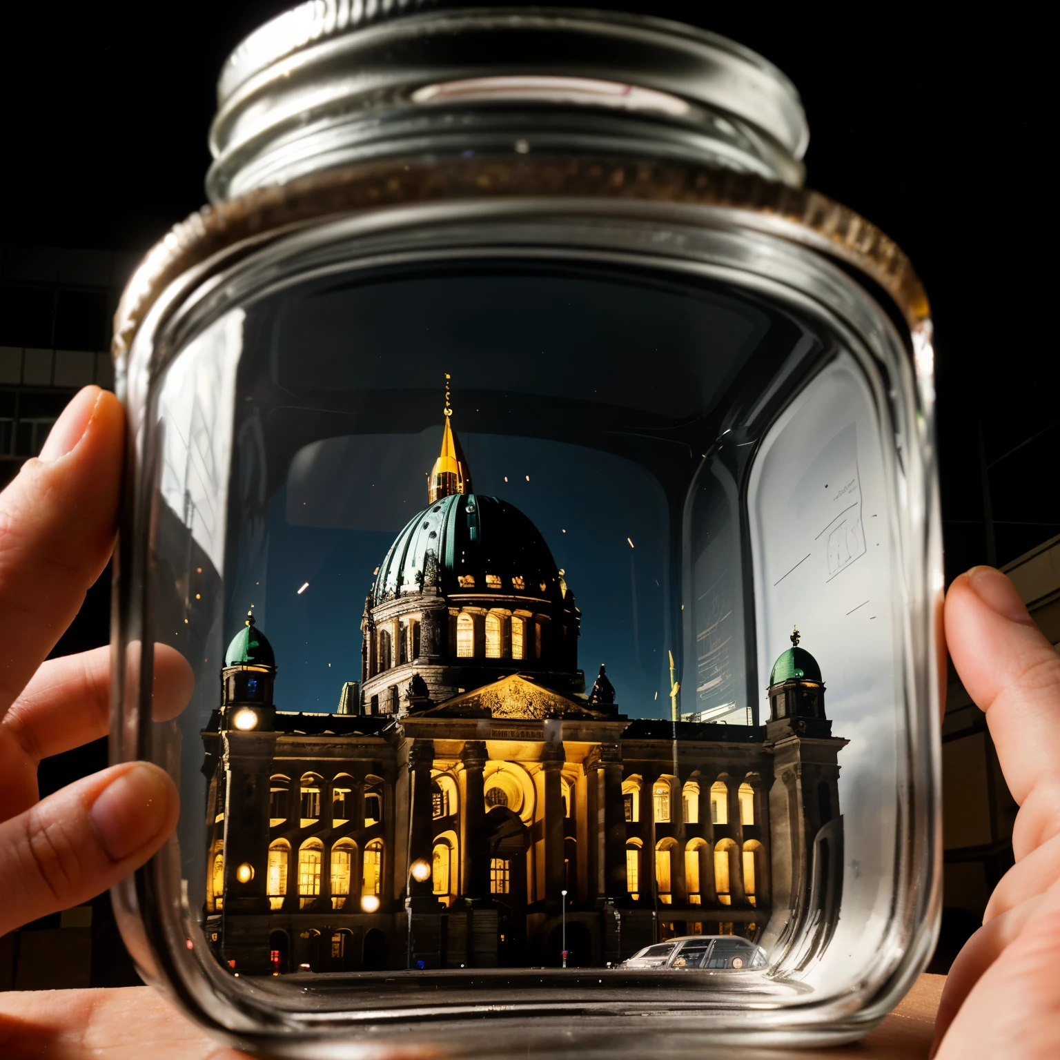 (An intricate mini-town of Berlin tucked inside a square glass jar with lid), macro photography in close-up, city of Berlin, capital of Germany, (a photo of the Reichstag Building area),