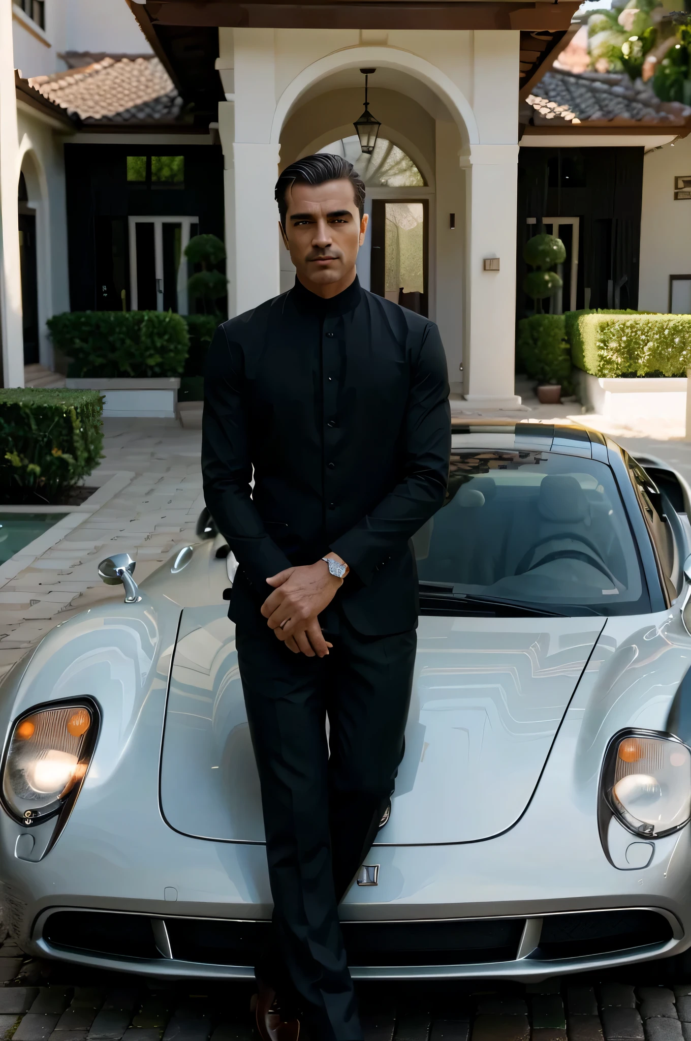 Man in front of his mansion looking at his luxurious cars, homem de cabelos pretos, terno elegante, fumando um charuto, filtro da imagem preto e branco