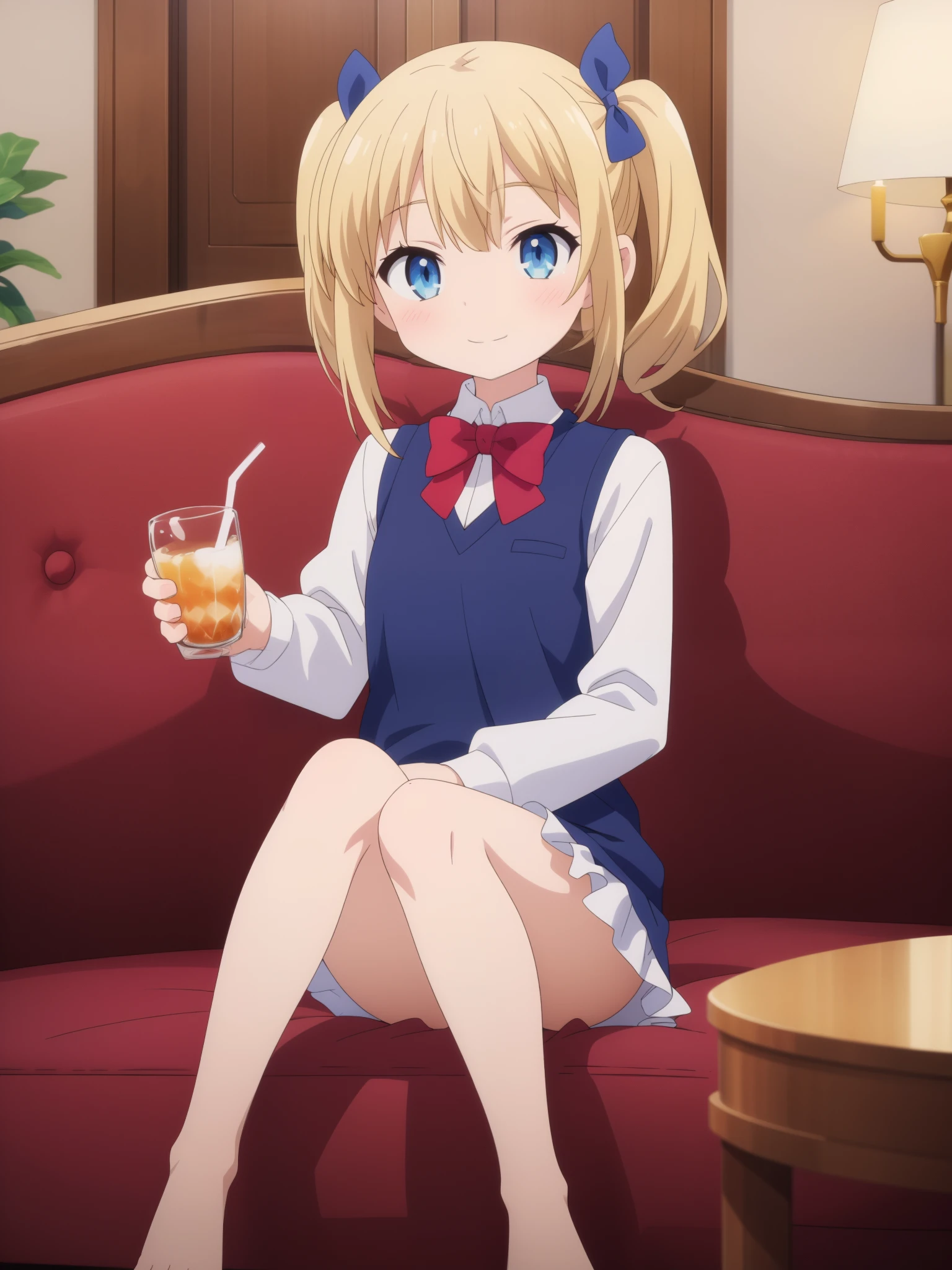 high quality, the masterpiece (one girl) blonde. sly eyes. Dark bows. ponytails on the hair. Blue eyes. White shirt. gray vests. long bangs. grin. closed mouth, shows bare feet, Sitting on the couch, drinks tea. In the background is an aristocratic room 
