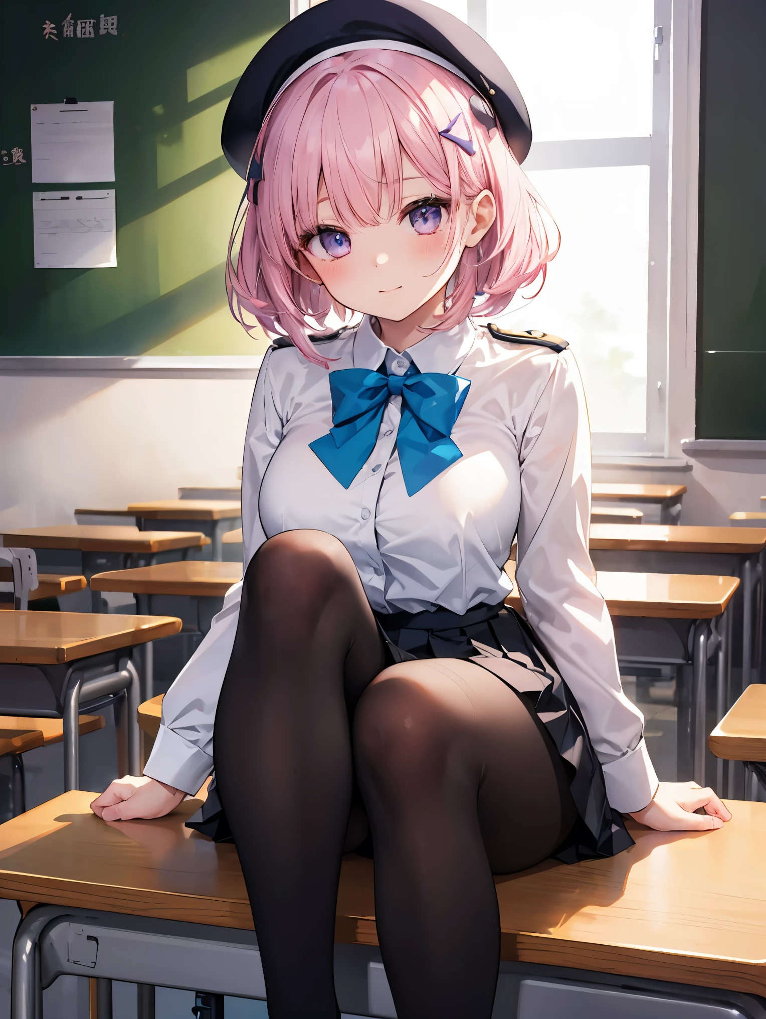 細部に至るまinの傑作、highest quality、realistic、1 girl、solo、18-year-old、Looks about 、140cm beautiful girl、、5 year old baby face、Silky hair、Gradient bob in the forward、pink and purple mesh、big vertical eyes、Outstanding looks、cute 、proximity、closed_mouth、laughter、blush、恥ずかしさinいっぱい、beret、pink bow tie、Branded uniforms、 青いblazer、blazer、pleated skirt、gray skirt、silk blouse、white blouse、feet、black tights、sit on top、classroom、hair_ornament、looking for_in_viewer、beiniful detailed eyes、realistic目、tights on、Not clear、professional effects、Not clear、enhanced elegance、Really ridiculous cuteness、cute
