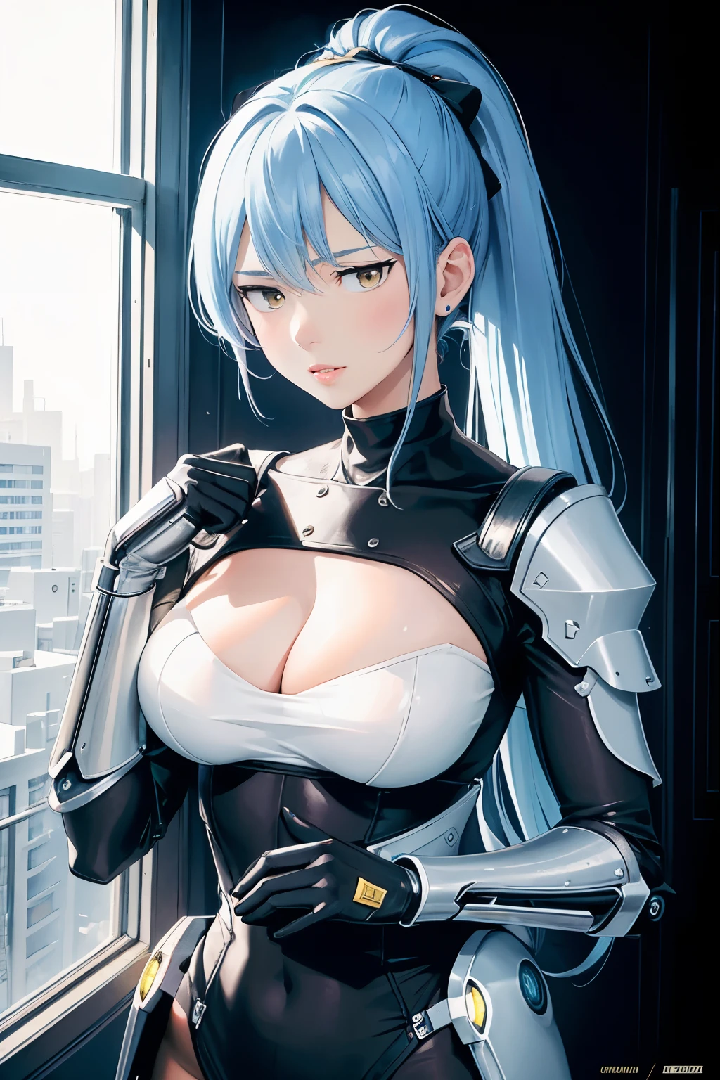 (((masterpiece))), (((highest quality))), ((super detailed)), (very detailedCGイラスト), ((very delicate and beautiful)), cinematic light,((1 girl)), alone, (Upper body), (character focus), disorganized, high contrast, very detailed,colorful,most detailed, SF, nano suit, high ponytail, (light blue hair), yellow eyes, knee boots, (inside of spaceship), mechanical limbs, big breasts, metal wire,