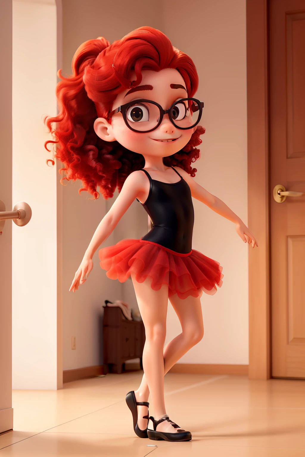 obra de arte, melhor qualidade, ballerina with red hair and black glasses, olhos esverdeados, with ballet shoes, cabelo preso com coque