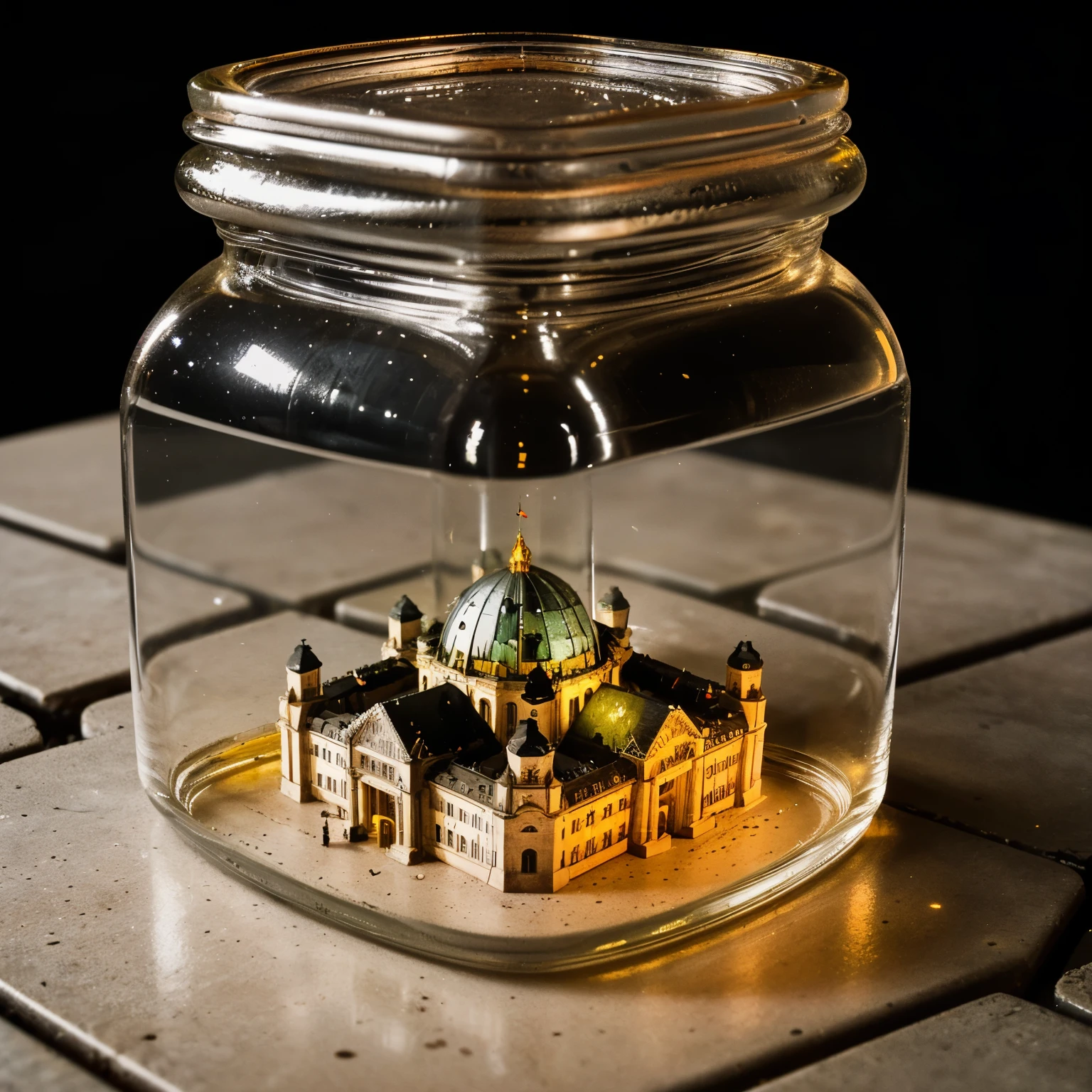 (An intricate mini-town of Berlin tucked inside a square glass jar with lid), macro photography in close-up, (Berlin, capital of Germany), (a photo of the Reichstag Building area), isometric