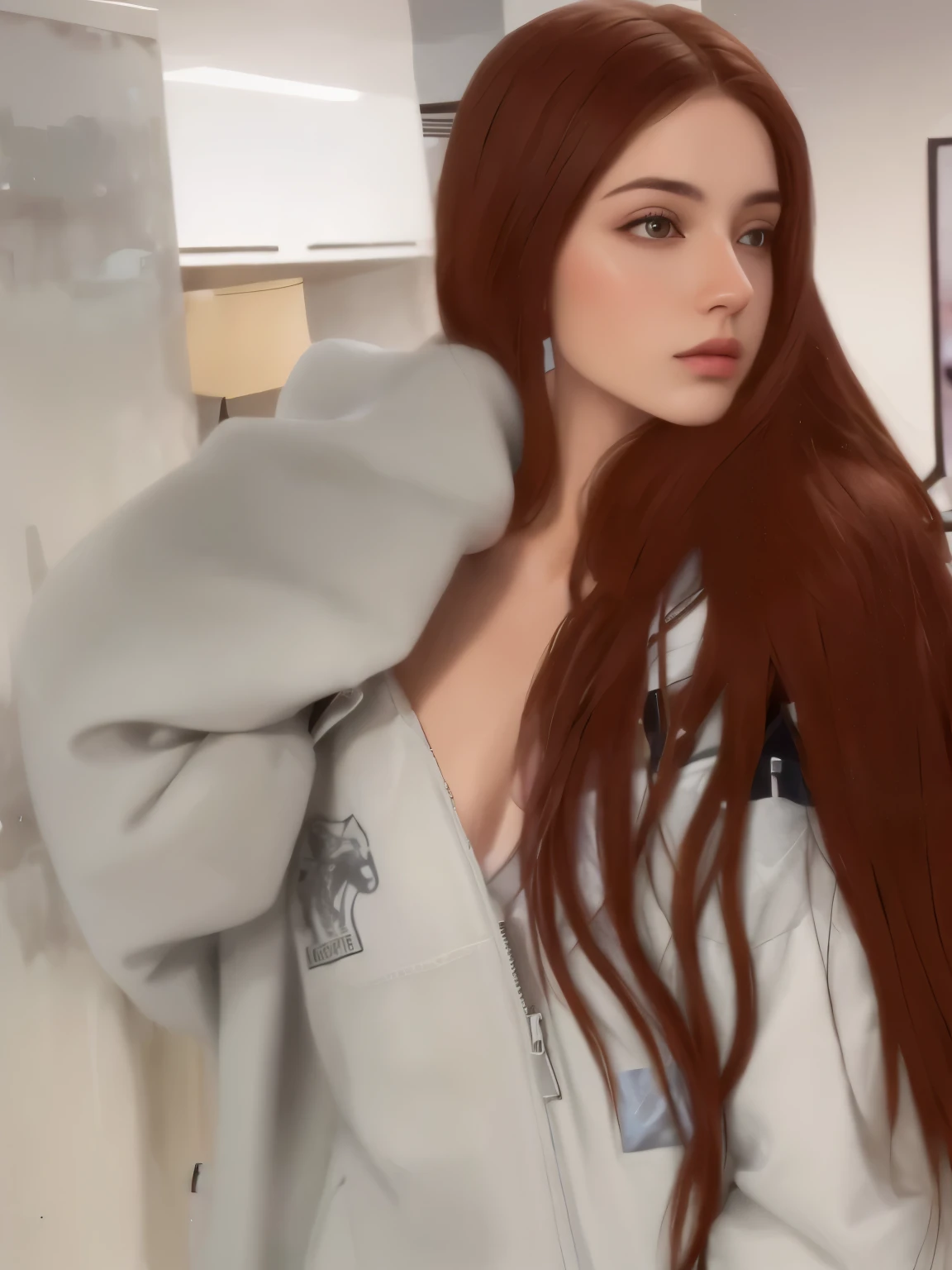 Arafed woman sitting on a couch in a fur coat, lots of fur, Wearing a luxurious fur coat, Ginger hair and fur, Fur clothing, rotes Fell, long fluffy fur, Langes Fell, white fur, wears a fur coat, fluffy fluffy fur, white fur and dark skin, Fell, wavy fur, with white fluffy fur, with long red hair, fluffy fur