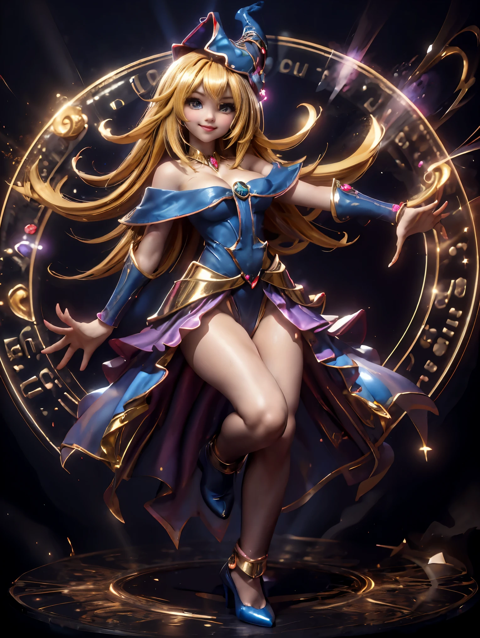 Dark magician gils en el aire, she is standing jumping, Magic hearts background. Sonrisa en sus labios. Ojos celestes. Cabello dorado. Pose sensual. Levitando en una pie. Tiene tacones. 1.1 Usa tacones azules y dorados . Usa tacones 