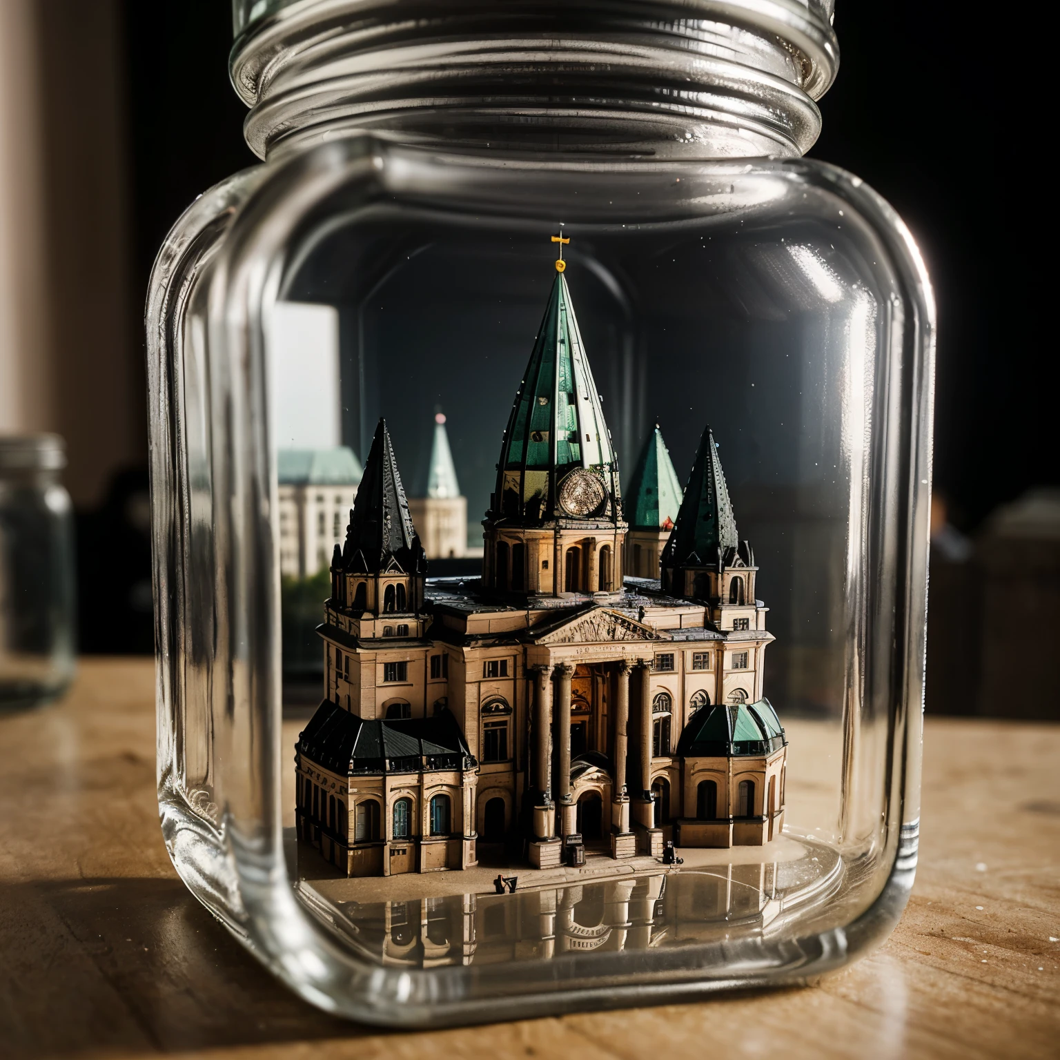 (An intricate mini-town of Berlin tucked inside a square glass jar with lid), macro photography in close-up, (Berlin, capital of Germany), (a photo of the Reichstag Building area), isometric