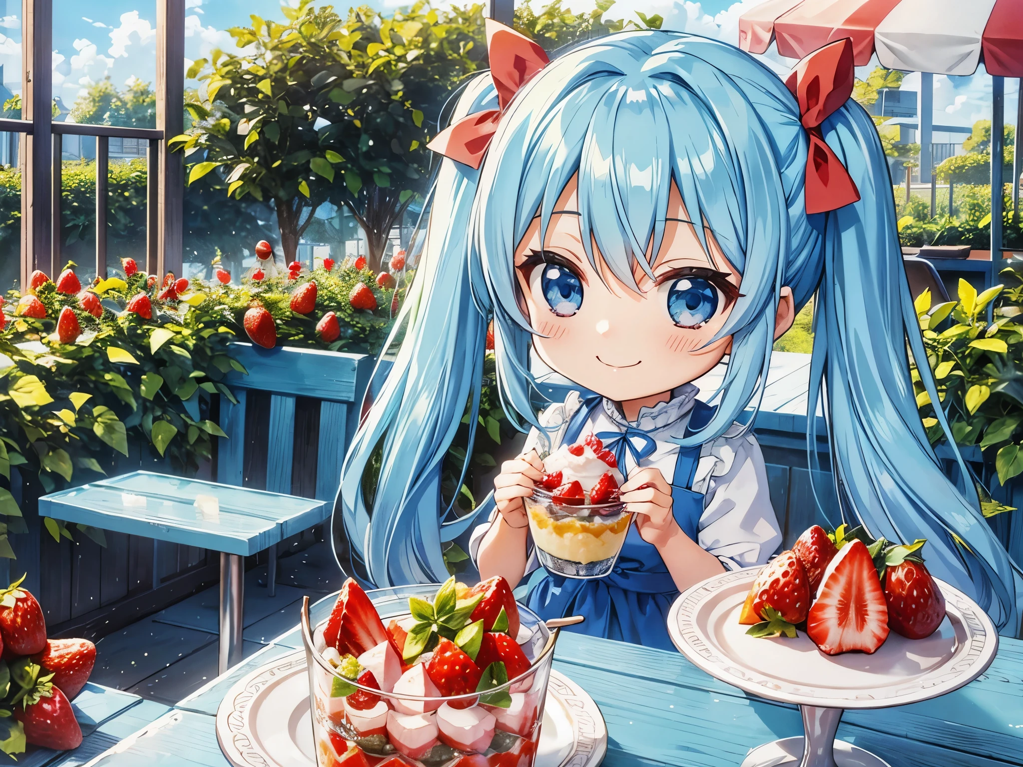 light blue long hair、Chibi character with twin tails、blue sky、Eating a large strawberry parfait at a cafe in a beautiful flower garden、happy smile、cute costume、