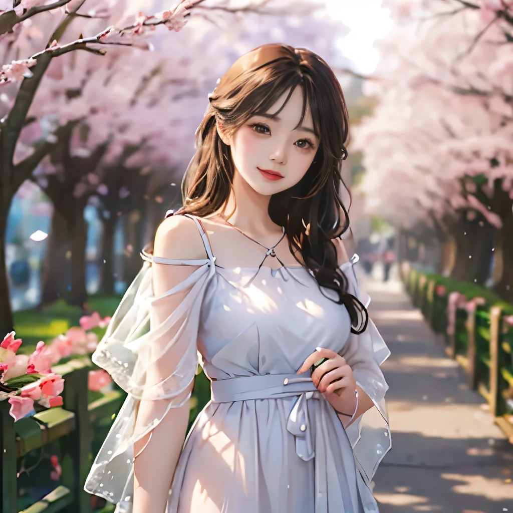masterpiece,muste piece,highest quality,Professional quality,girl,20-year-old,nice smile,clear eyes,standing in front of the cherry blossoms,full body shot,fluttering hair,long hair,Bright clothes,背景はCherry blossom trees,girl:4.0,Cherry blossom trees:6.0,cinematic lighting,cinematic performance
