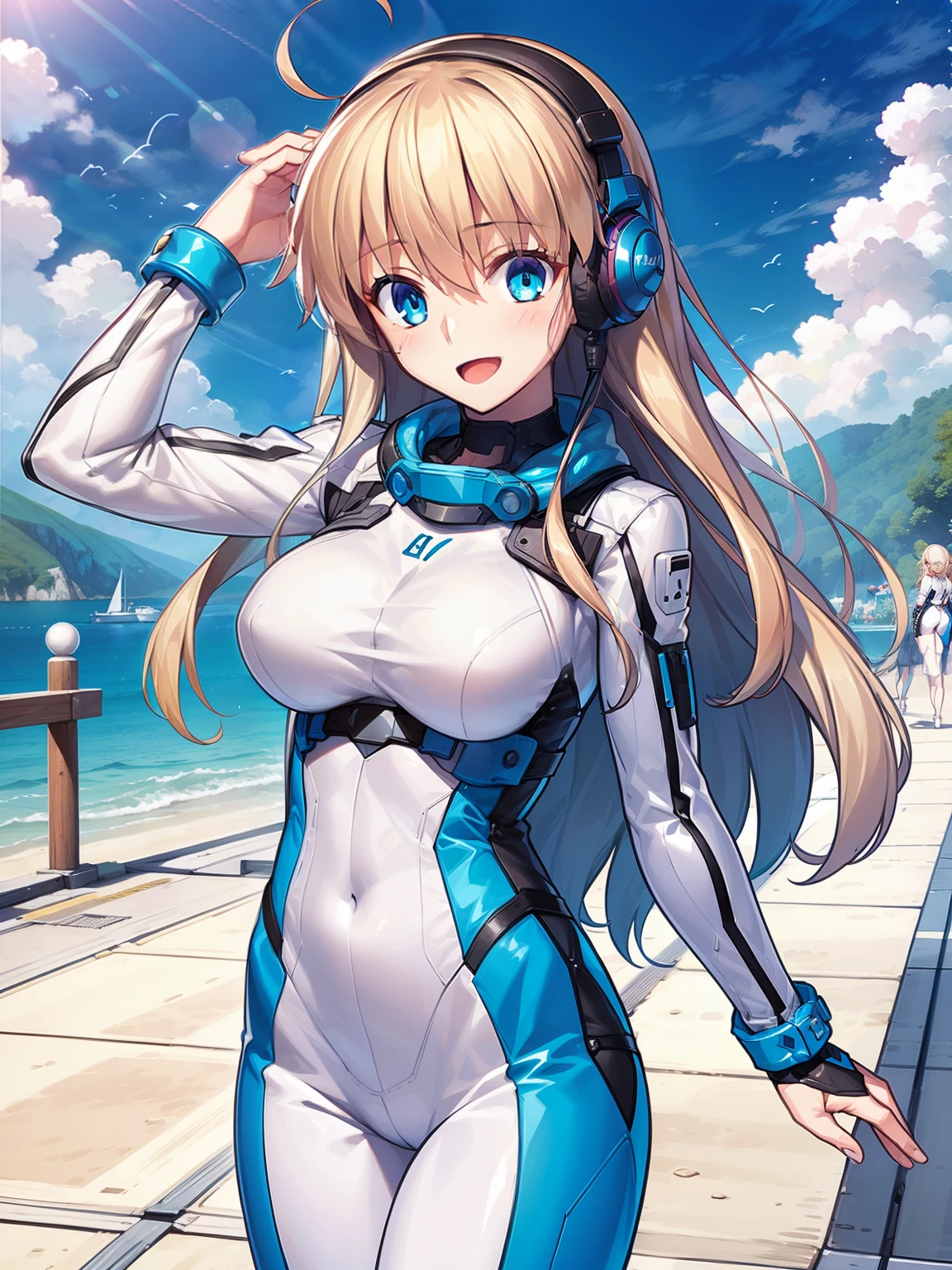 1girl, solo, breasts, looking at viewer, blush, smile, long hair, bangs, large breasts, blonde long hair, long sleeves, blue eyes, headphone,ベレー帽,:d, bodysuit, bspace, white bodysuit, blue sky,sea,summer,wind:1.3,beach, spacesuit BREAK 