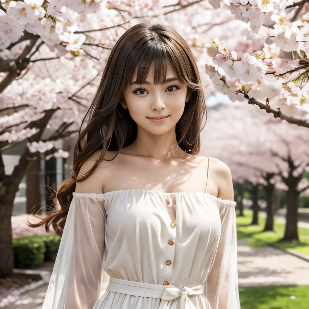masterpiece,muste piece,highest quality,Professional quality,girl,20-year-old,nice smile,clear eyes,standing in front of the cherry blossoms,full body shot,fluttering hair,long hair,Bright clothes,背景はCherry blossom trees,girl:4.0,Cherry blossom trees:6.0,cinematic lighting,cinematic performance