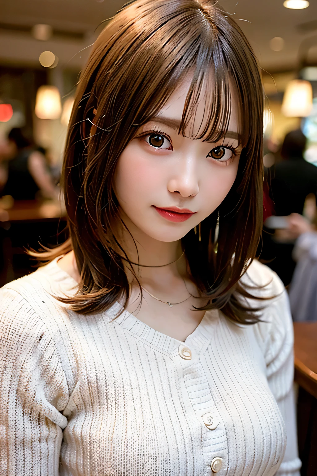 (8k, RAW photo:1.2)detailed face and eyes,最high quality, ultra high resolution, very detailed ,intricate details ,table top ,pretty girl , soft light like a movie, hyper detail,sharp focus, high quality, blonde hair, bob cut, chest comes out,knit dress