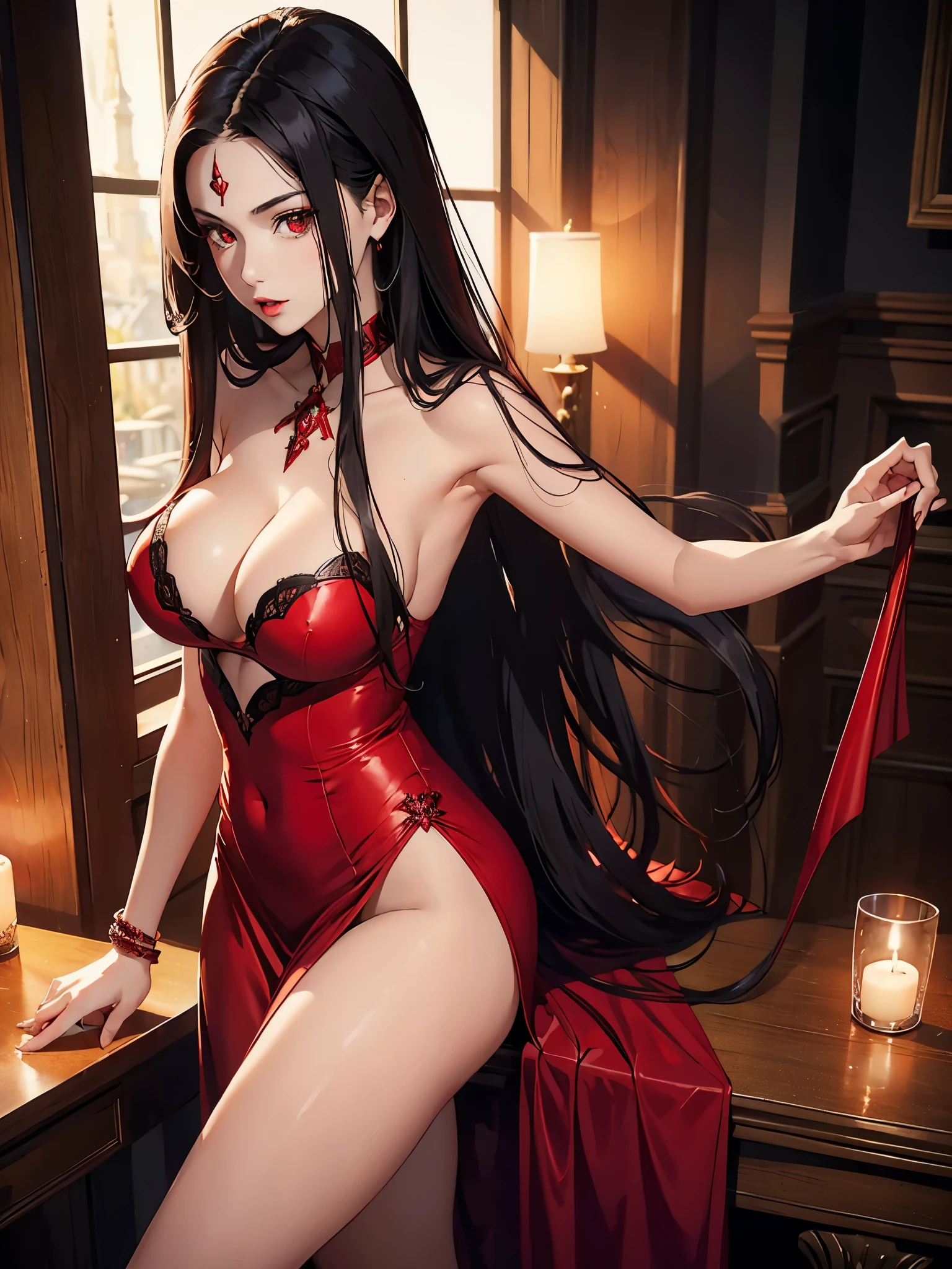 1girl, beautiful, vampire goddess, brunette very long hair, red eyes, sexy body and big breast, wearing a sexy red dress, ultrasharp, looking at the viewer, ((best quality)), ((masterpiece)), (detailed), perfect face,