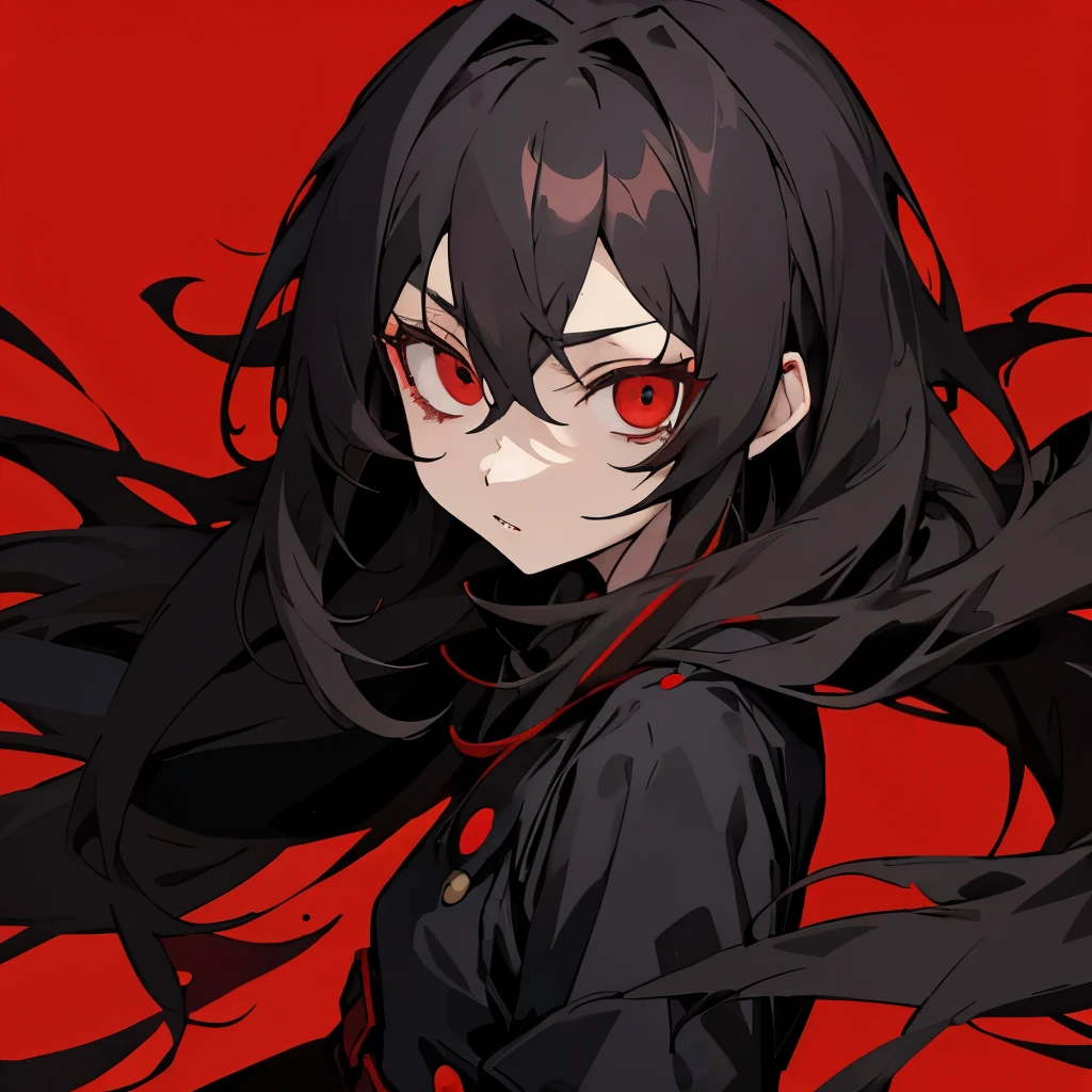 Owari no seraph art style, a girl looking at me with dark red eyes and black long hair and red background, simple shading