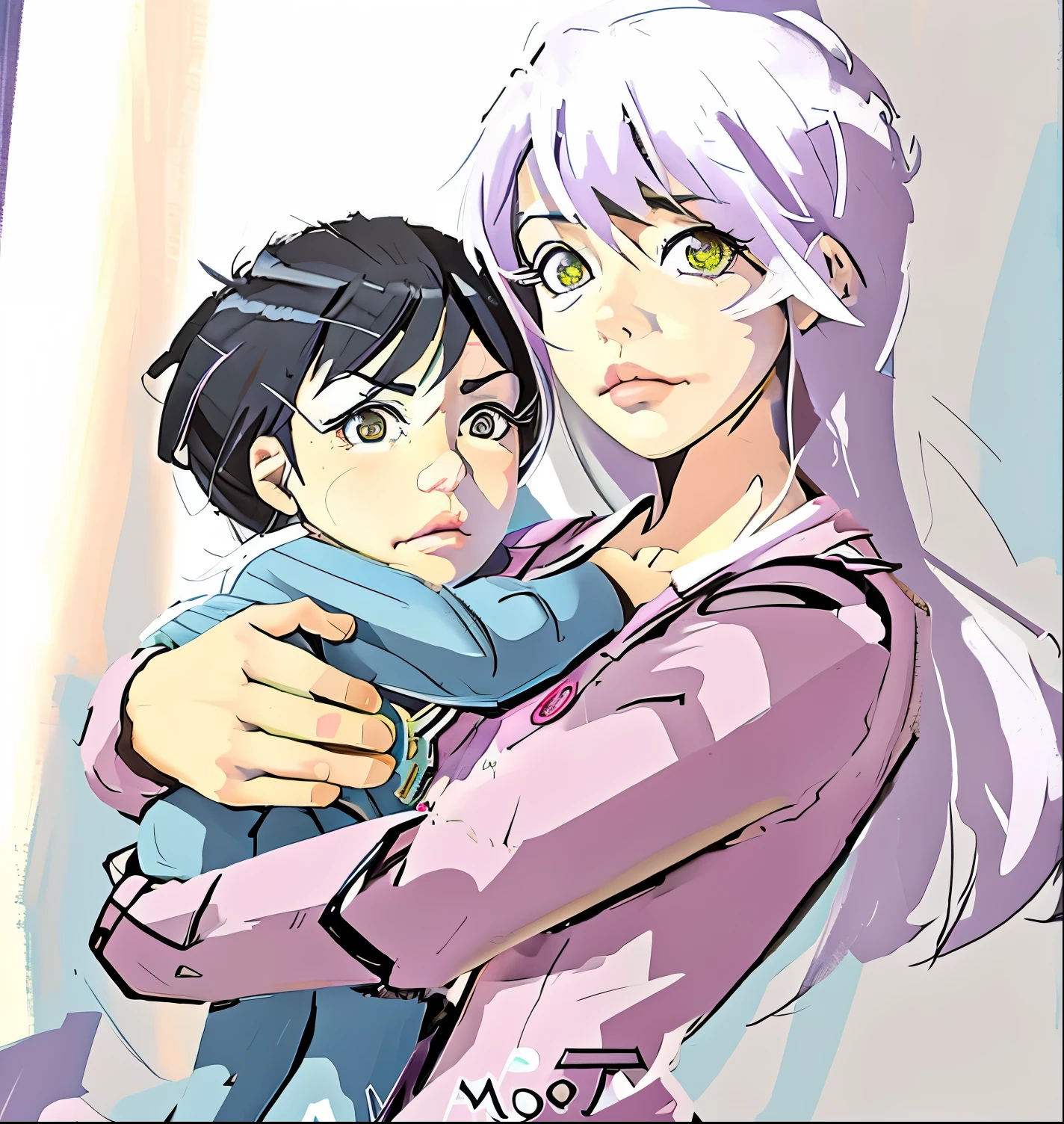 una mujer sosteniendo un en sus brazos en una caricatura, fanart de alta calidad, anime sombreado cel, en un estilo anime, Mirai nikki, in the art style of 80s anime, cel - shading art style, En estilo anime, fanart oficial, nyaruko-san, shiro takatani, Griffith, hecho con estudio de pintor anime