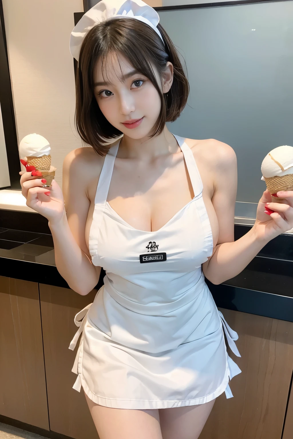 The most beautiful 25-year-old women, Detailed body with big breasts, (((holding ice cream in hand))), (((naked apron))),((maid style apron)),  lip details, detailed eye, double eyelid, huge breasts, dark brown short hair, thighs thighs, Are standing, (Photoreal:1.4), (best image quality:1.0), (ultra high resolution:1.0), 8k, RAW photo, (masterpiece), Inside a maid cafe in Akihabara、beautiful toes