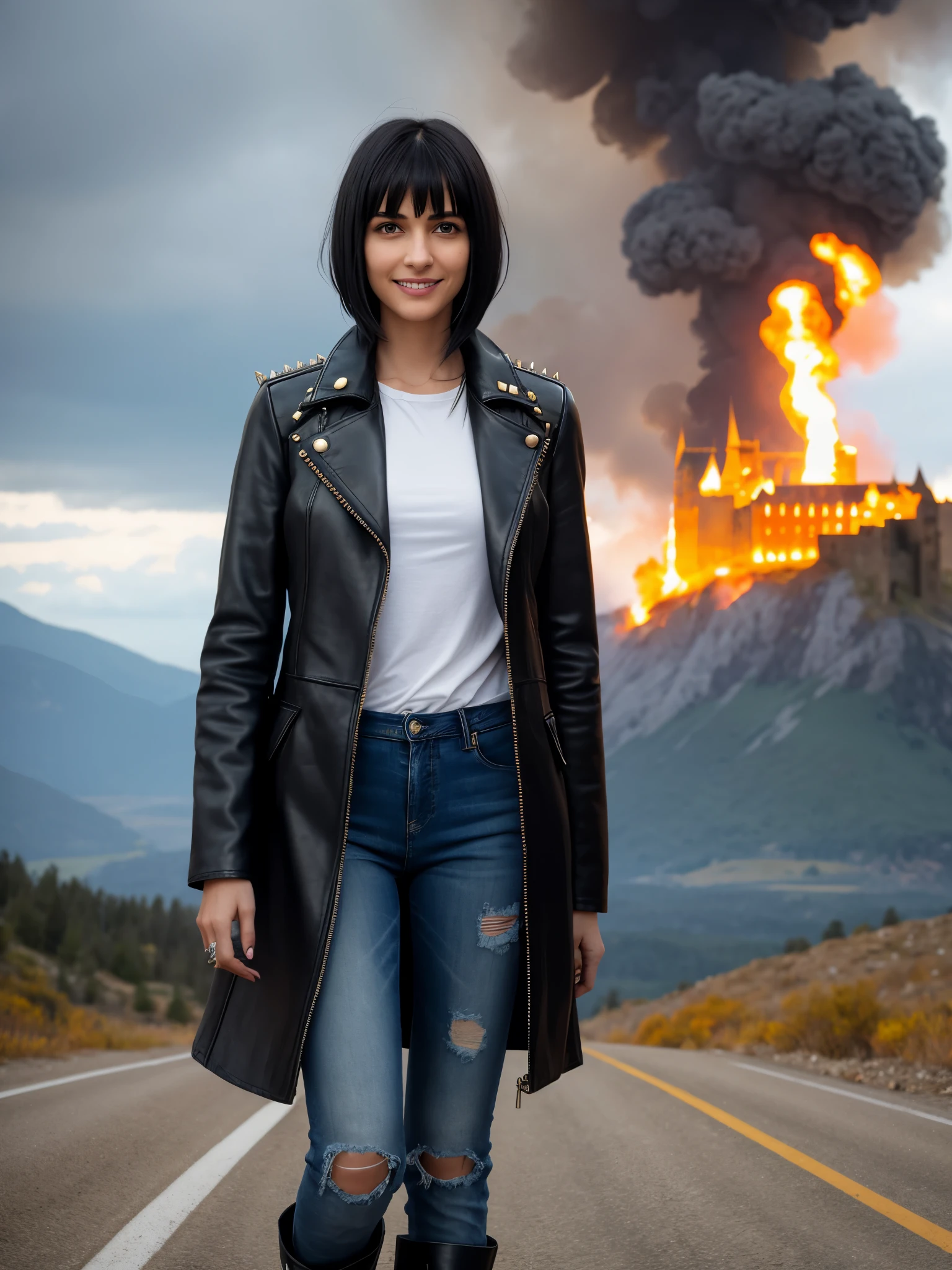 realistic photo. High, skinny ((Young woman)), 30 years, black wavy hair, short side bangs haircut, straight nose, The lips are thin, The eyes are black, nice smile, looks at the camera, The chest is flat, long leather coat with metal studs, white top, blue jeans, black high boots on feet , The weather is cloudy, Mountainous terrain, Ruin, fire, post apocalypse style "Crazy Max". stands against the backdrop of an ancient castle