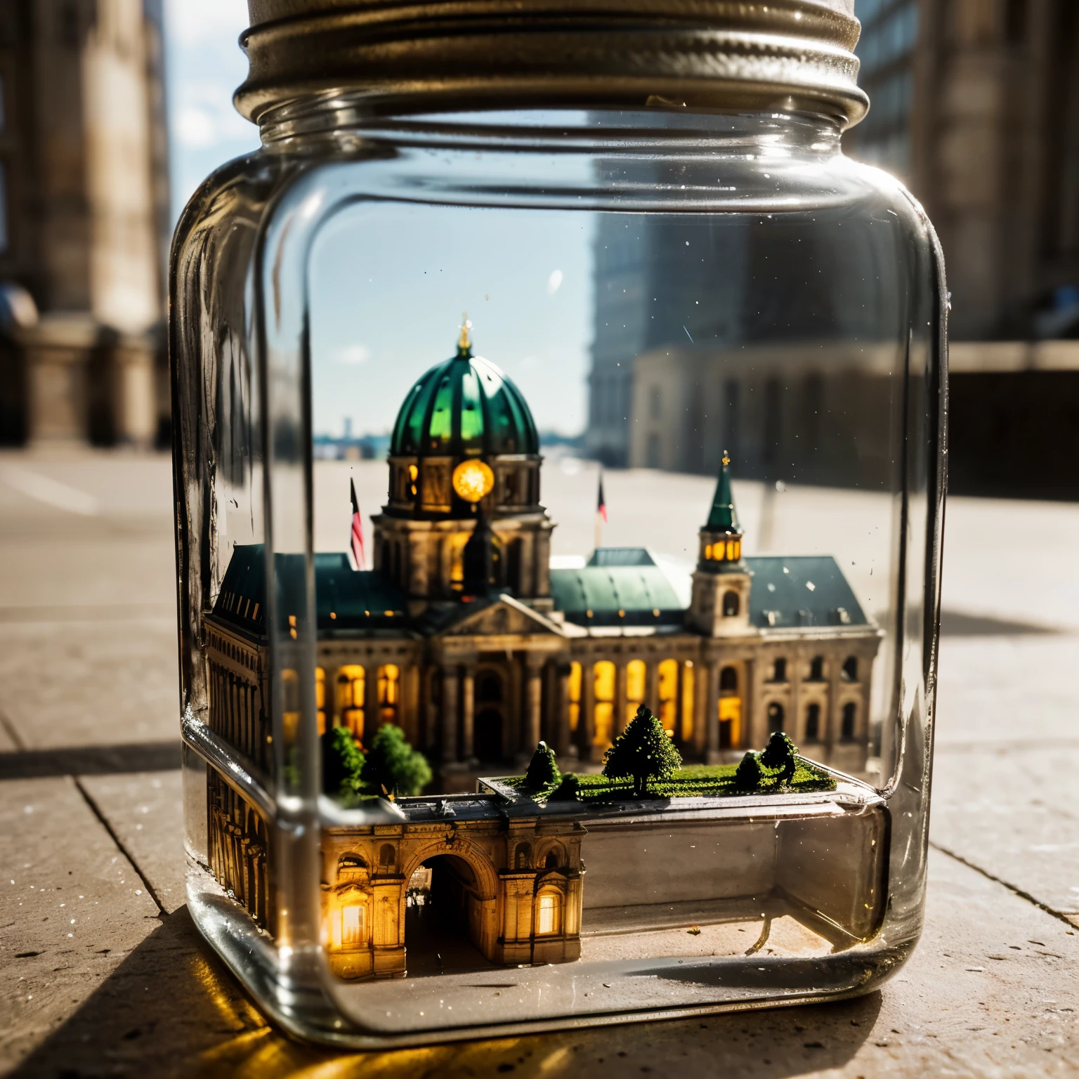 (An intricate mini-town of Berlin tucked inside a square glass jar with lid), macro photography in close-up, (Berlin, capital of Germany), (a photo of the Reichstag Building area), isometric