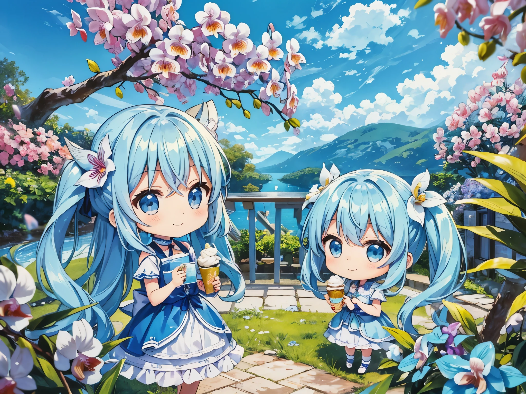 light blue long hair、Chibi character with twin tails、blue sky、Eating a large ice cream at a cafe filled with orchid flowers in a beautiful orchid flower garden.、happy smile、cute costume、