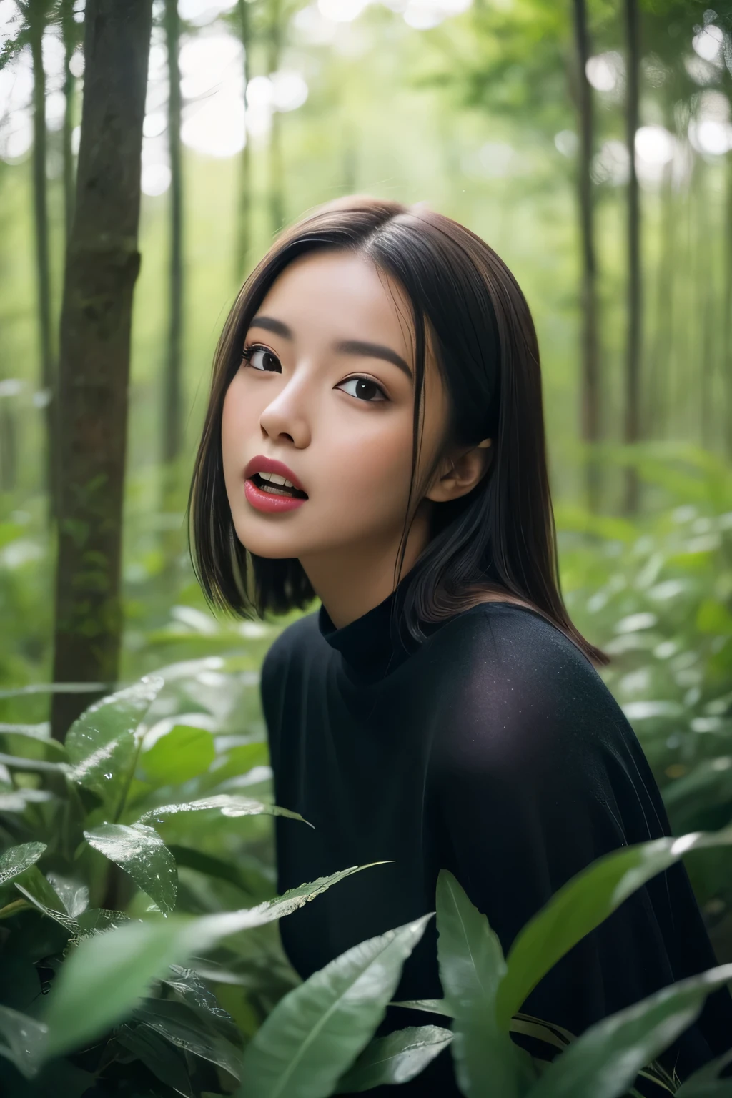 knight,sexy pose,Are standing,plump body,cute face,beautiful face,double eyelid,open your mouth,medium hair,rain,forest,field,Mysterious,high quality,realistic,Beautiful woman,gravure,Snazzy