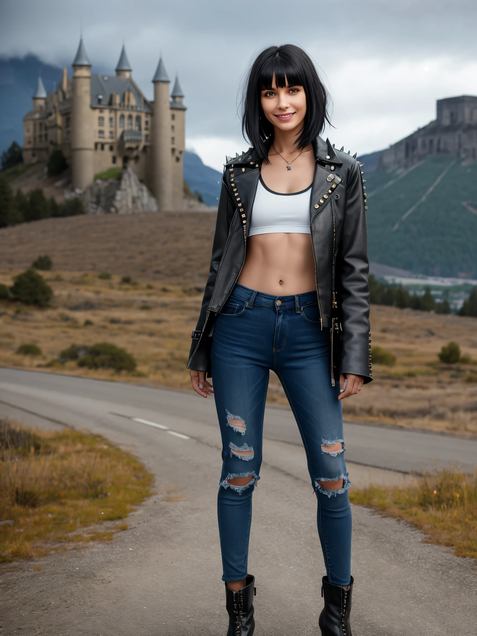 realistic photo. High, skinny ((Young woman)), 30 years, black wavy hair, short side bangs haircut, straight nose, The lips are thin, The eyes are black, nice smile, looks at the camera, The chest is flat, long leather coat with metal studs, white top, blue jeans, black high boots on feet , The weather is cloudy,  Mountainous terrain, Ruin, fire, post apocalypse style "Crazy Max". stands against the backdrop of an ancient castle