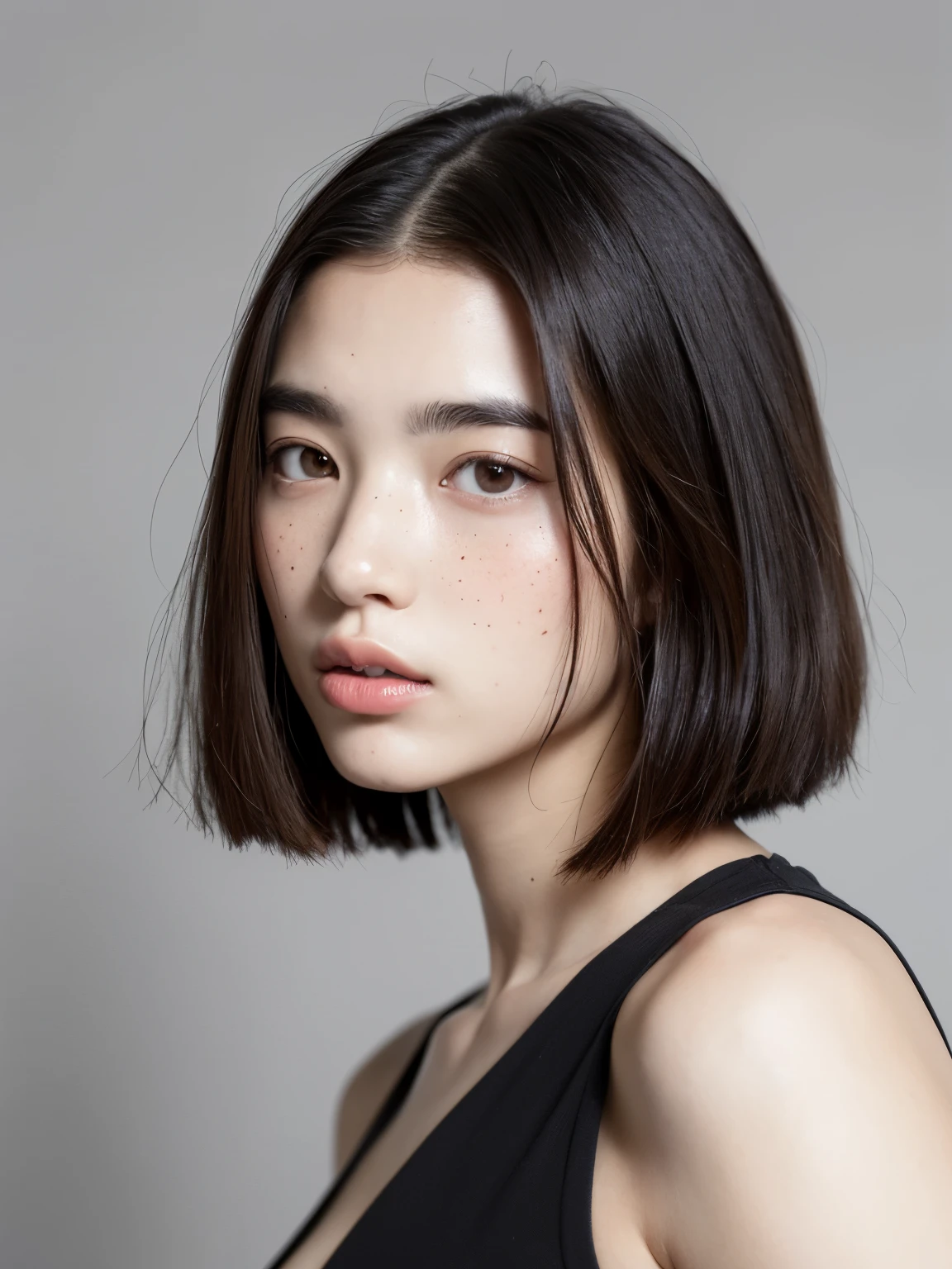 Close-up of a woman with freckles on her face, ウィノナ・ネルソンにインスピレーションを得たdigital art, short hair、Instagram, digital art, perfect face ), Beautiful and well-shaped face, very beautiful face, pale round face, Thick, bushy, straight eyebrows, perfect face, very pretty face, 美しいthin face, big cheekbones, Hermosa Fina - Kara, long eyebrows, thin face, dua lipa, Upper body, portrait, ((full body shot:1.2))