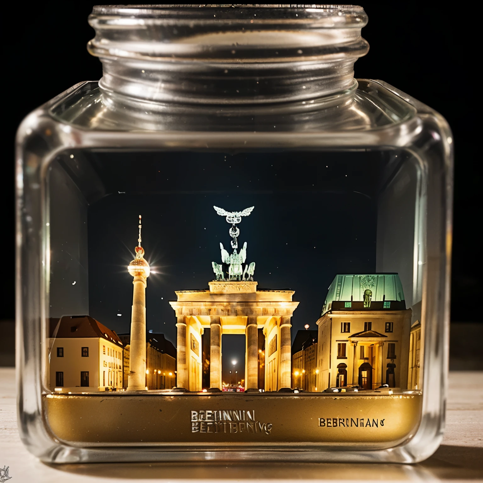 (An intricate mini-town of Berlin tucked inside a square glass jar with lid), macro photography in close-up, (Berlin, capital of Germany), (a photo of the Brandenburg Gate area), isometric