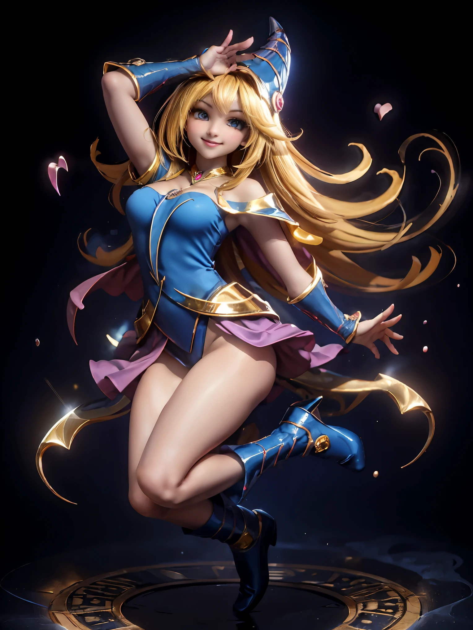 Dark magician gils en el aire, she is standing jumping, Magic hearts background. Sonrisa en sus labios. Ojos celestes. Cabello dorado. Pose sensual. Levitando en una pie. Tiene tacones. 1.1 Usa tacones azules y dorados . Usa tacones 