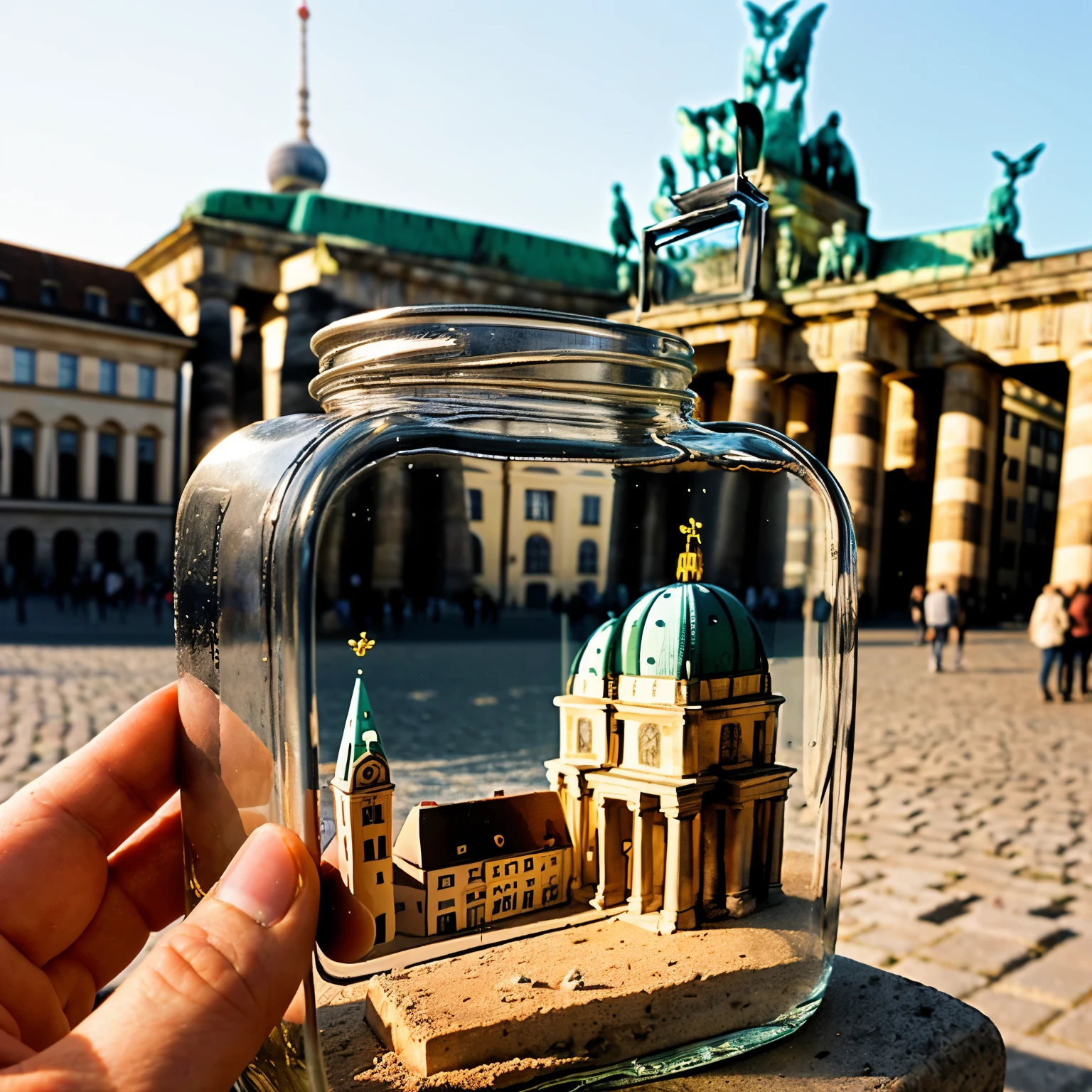 (An intricate mini-town of Berlin tucked inside a square glass jar with lid), macro photography in close-up, (Berlin, capital of Germany), (a photo of the Brandenburg Gate area), isometric