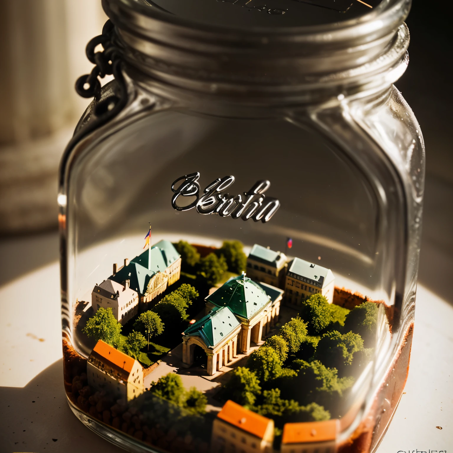 (An intricate mini-town of Berlin tucked inside a square glass jar with lid), macro photography in close-up, (Berlin, capital of Germany), (a photo of the Brandenburg Gate area), isometric