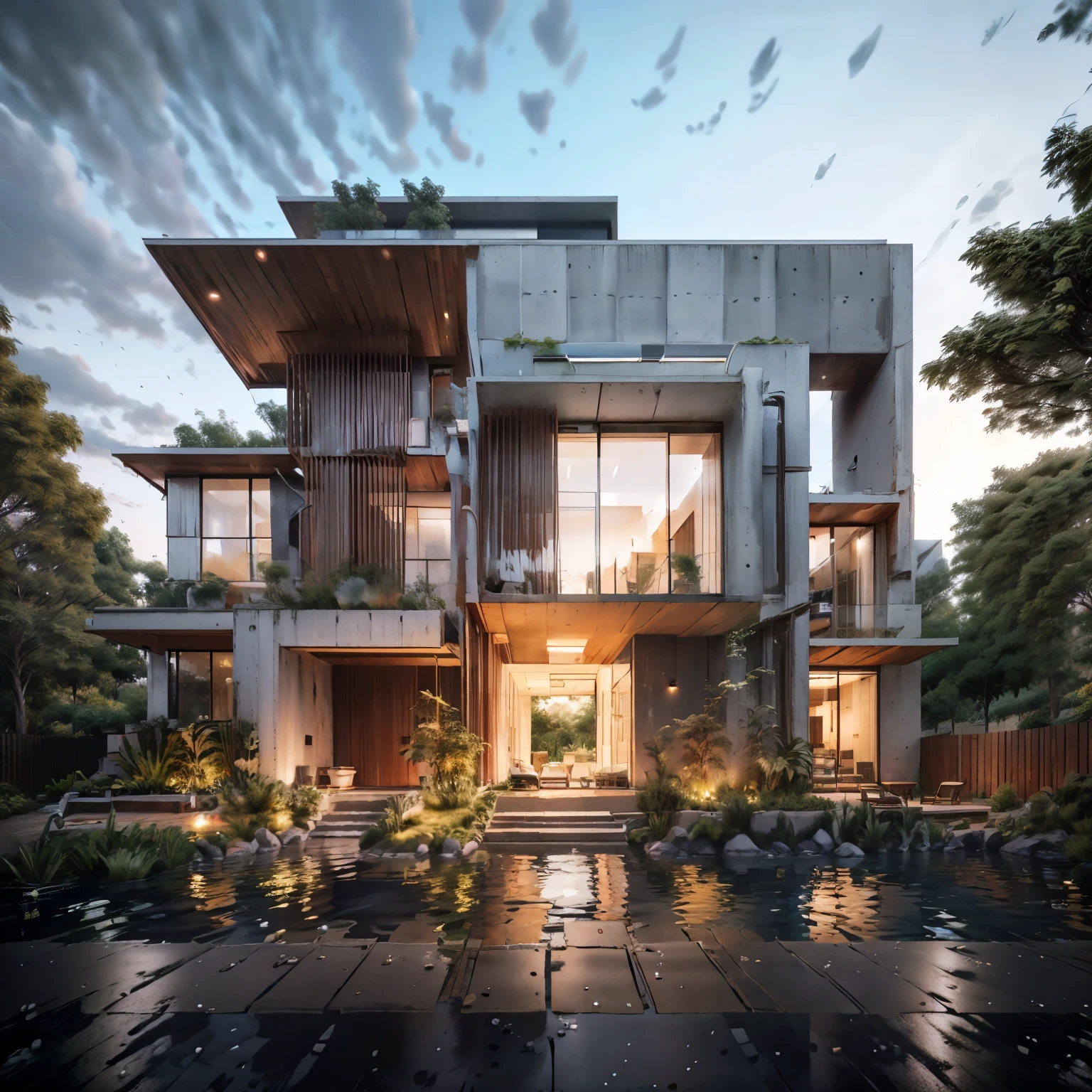 Bauhaus style house, glass and brutalist concrete house with a sloping roof, modern, dynamic (RAW photo, real, best quality, masterpiece:1.2), (hyper realistic, photo-realistic:1.2), high quality, (dark lighting:1.2), dusk, perfect lighting, trending on archdaily