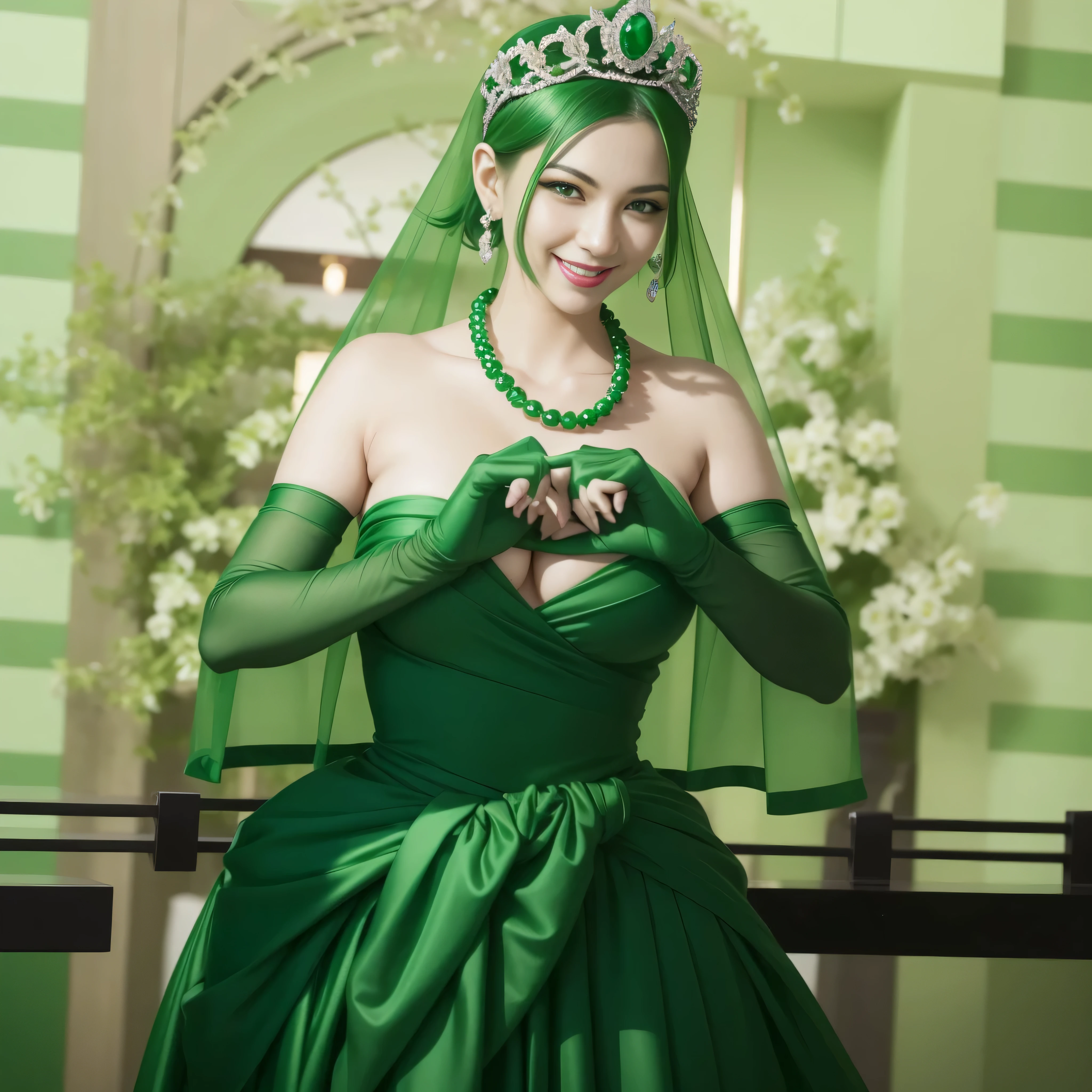 emerald tiara, Green Pearl Necklace, Boyish green berry short hair, lipstick, smiling Japanese woman, very short hair, big breasts beautiful, green eyes, green satin long gloves, green eyes, v sign, emerald earrings, Green veil, green lip gloss