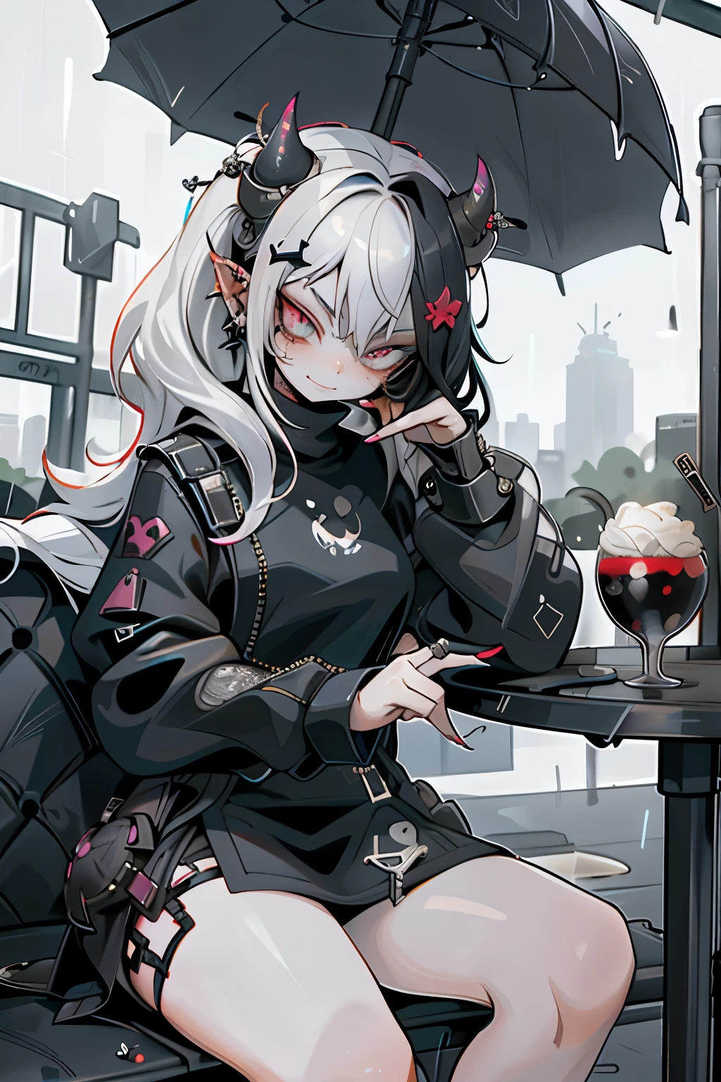 beautiful woman in black turtle neck sitting outside a fancy restaurant with umbrella, white long hair, night, raining, bad girl, evil, cute rizz smirk, deph filled