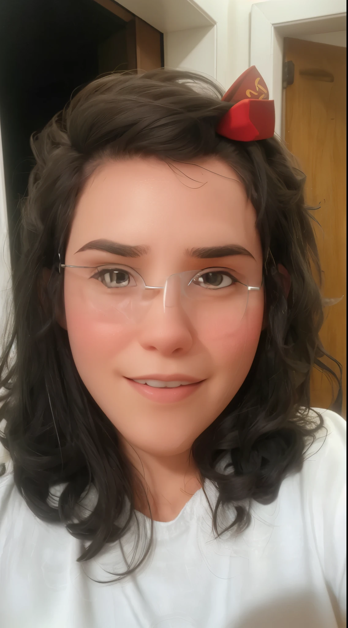 Criar 4 avatares diferentes da foto anexada, 37 year old with square glasses, bochechuda, cabelo castanho, olhos castanhos o fundo colorido e o avatar indicando para os lados e outros no computador