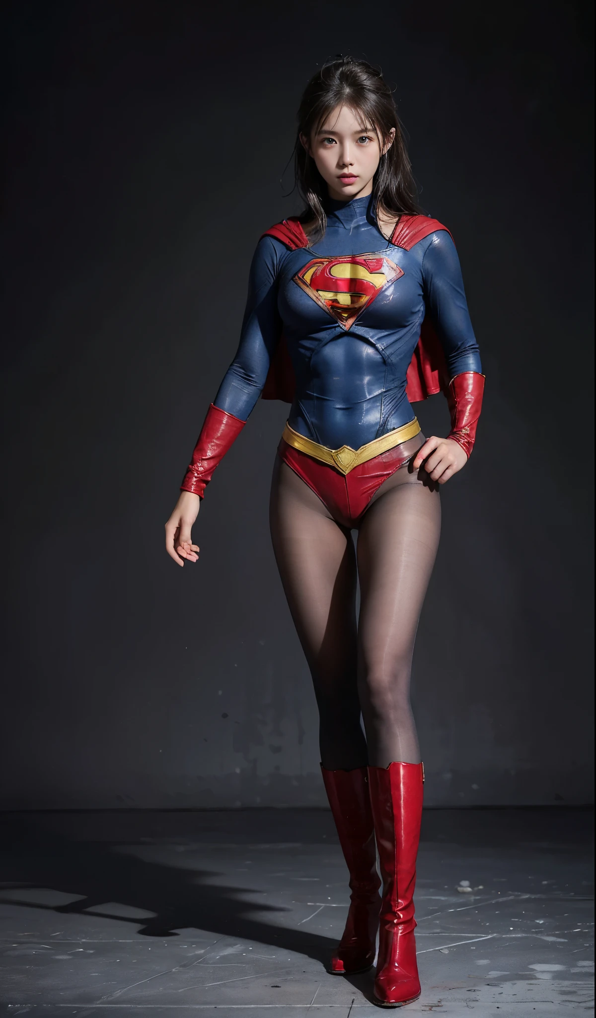 no background、(((Wear black tights on your beautiful legs.)))、(((Legally Express Your Suffering Beauty)))、((((Make the most of your original images)))、(((supergirl costume)))、(((beautiful hair)))、(((suffering)))、(((Black tights must be worn on the legs)))、(((must wear red boots)))、((best image quality、8K))、((highest quality、8K、masterpiece:1.3))、(((keep background )))、sharp focus:1.2、beautiful woman with perfect figure:1.4、thin abs:1.2、wet body:1.5、Highly detailed face and skin texture、8K