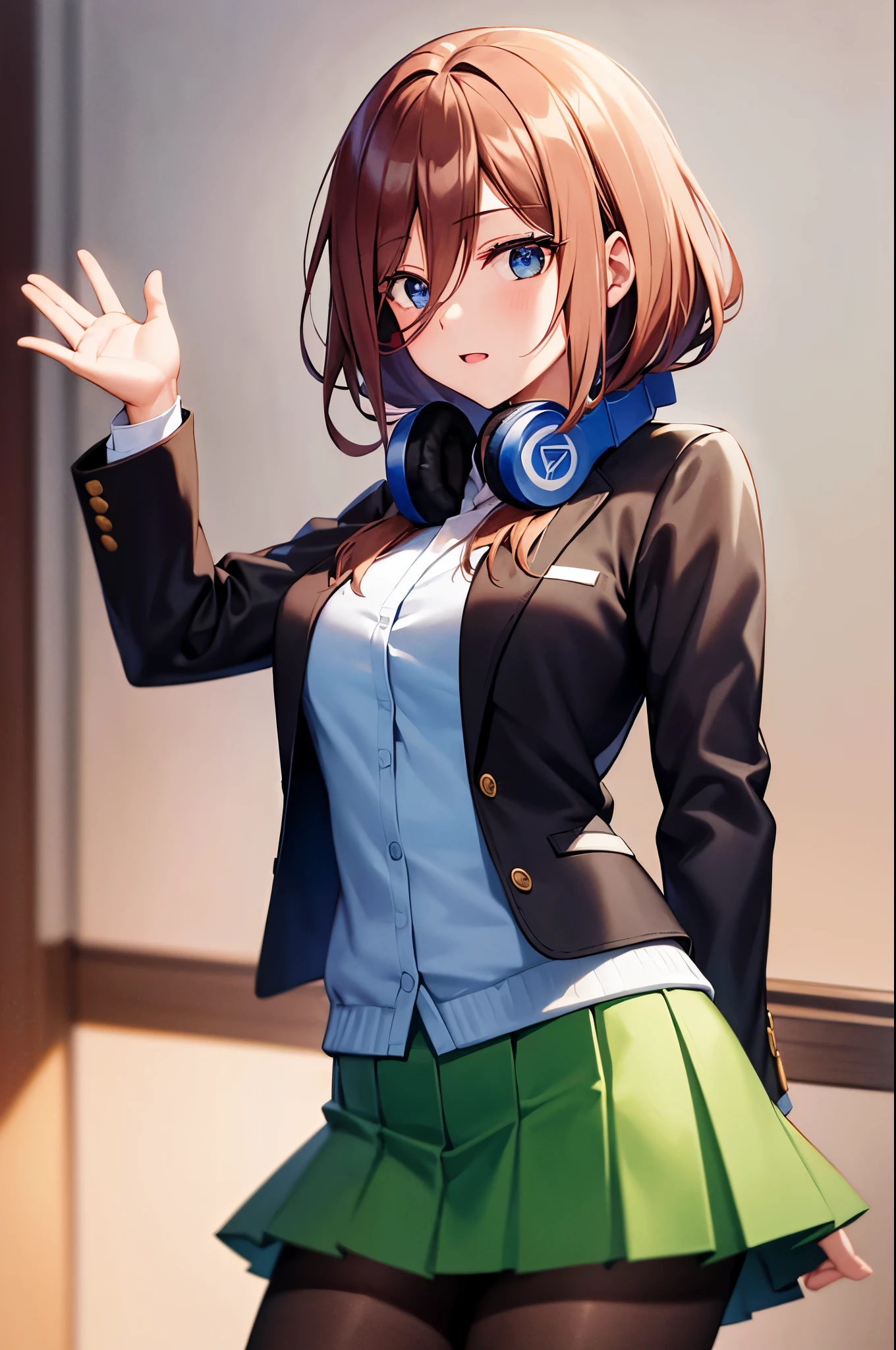 masterpiece, best quality, highres, nm1, headphones around neck, school uniform, long sleeves, blue cardigan, green skirt, pantyhose, black jacket, open jacket, cowboy shot, standing, waving