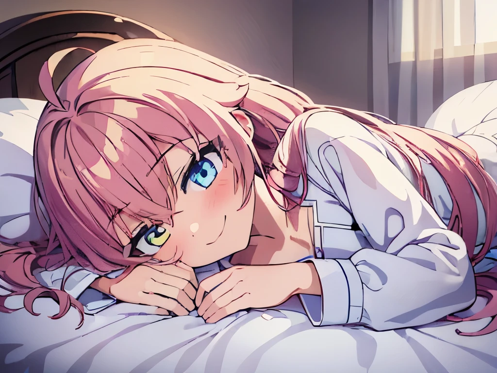 ((muste piece)), ((best quality)), (Super detailed), anime style etc.,peeing on the bed, pretty girl, 1 girl, solo, ((beautiful eyes)), shy smile,pajama00, 