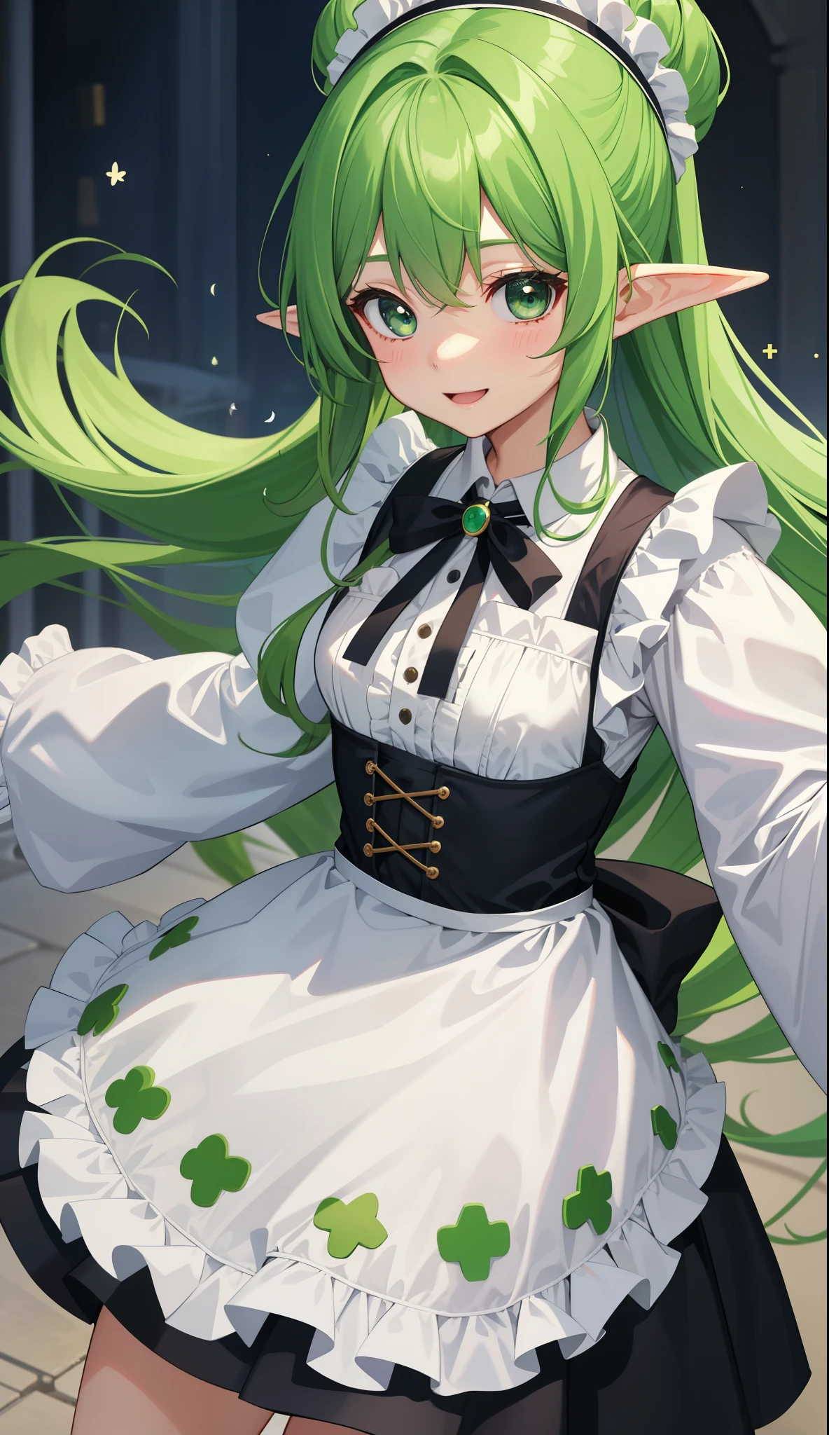 1 girl、as adult、girl、cute、shirt、skirt、apron、hair ornaments、maid、cute下着、（small breasts）（small breasts）、（upper body portrait）、、green hair、elf、、skirt、jump、smile、