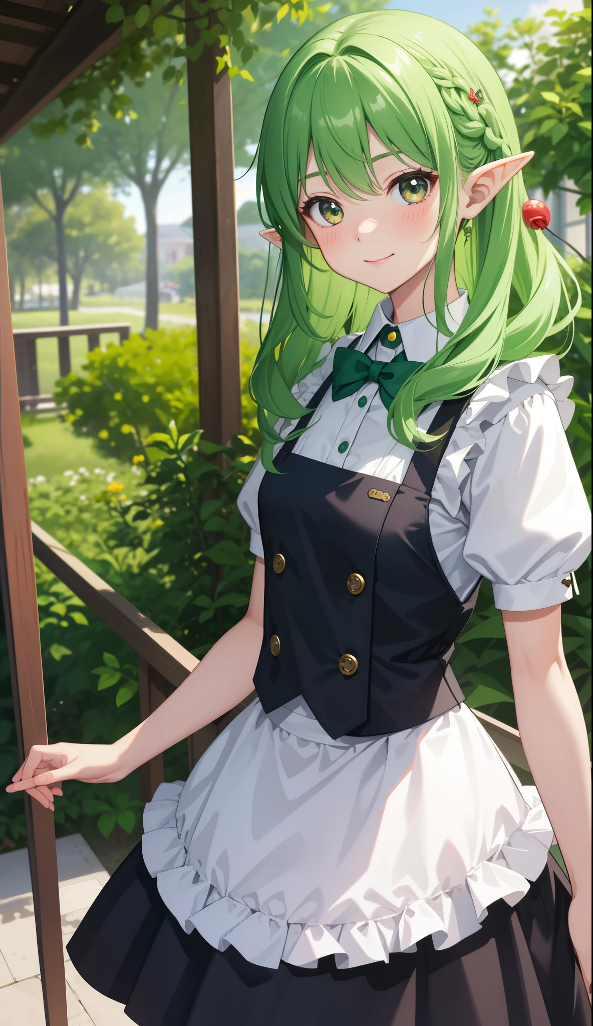1 girl、as adult、girl、cute、shirt、skirt、apron、hair ornaments、maid、cute下着、（small breasts）（small breasts）、（upper body portrait）、、green hair、elf、、skirt、jump、smile、