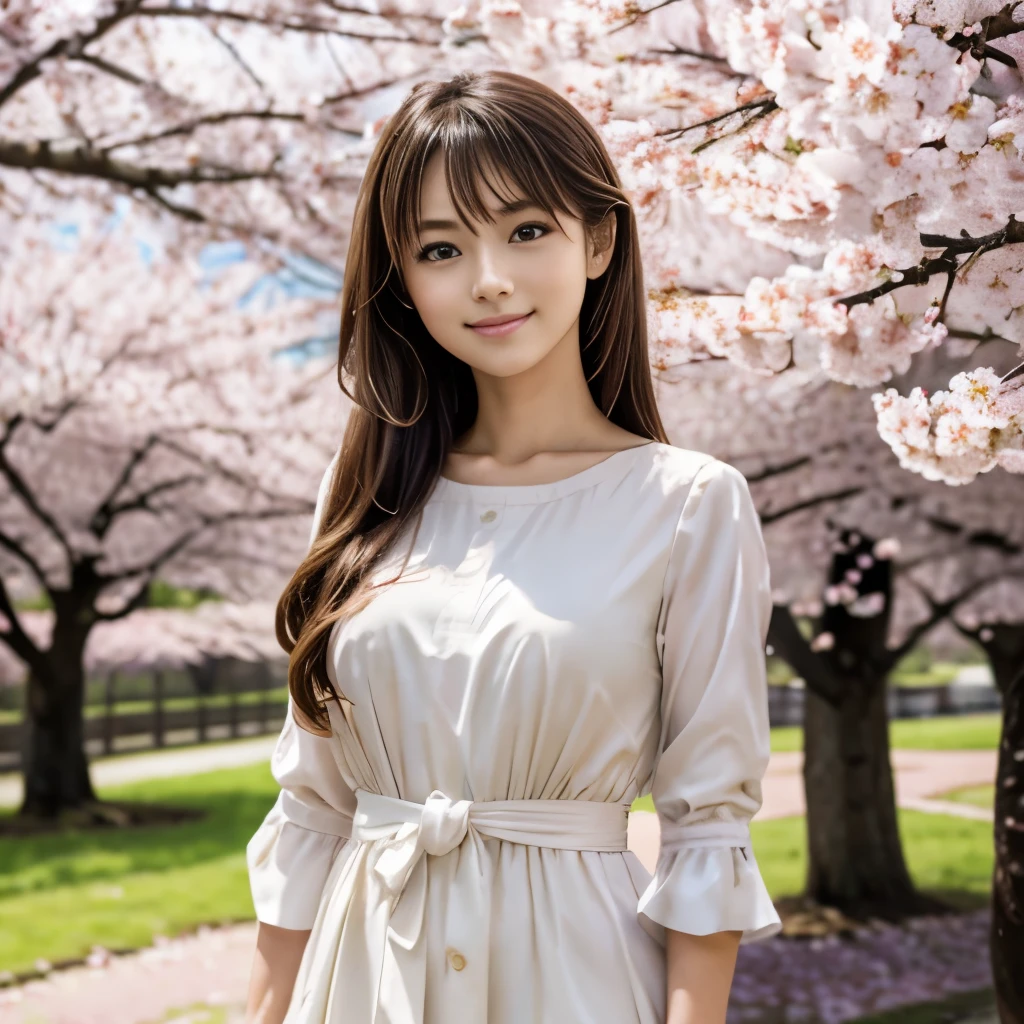 masterpiece,muste piece,highest quality,Professional quality，アニメのgirl，20-year-old,nice smile,clear eyes，standing in front of the cherry blossoms，full body shot，fluttering hair，long hair，Bright clothes，背景はCherry blossom trees，girl:4.0，Cherry blossom trees:6.0，cinematic lighting，cinematic performance