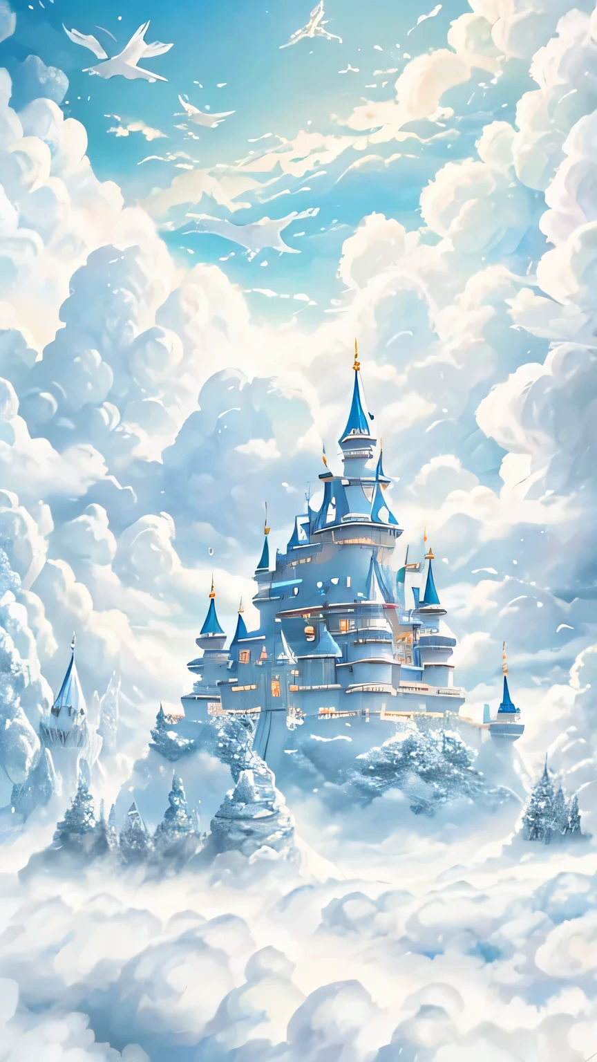 Photo of a snow-capped castle in the sky, In a fairyland of white clouds, A fairyland in the white clouds, flying cloud castle, castle in the clouds, A fairyland above the white clouds, A beautifully detailed fantasy, cloud palace, detailed fantasy digital art, castle made of clouds, 4K high definition digital art, kingdom of light background