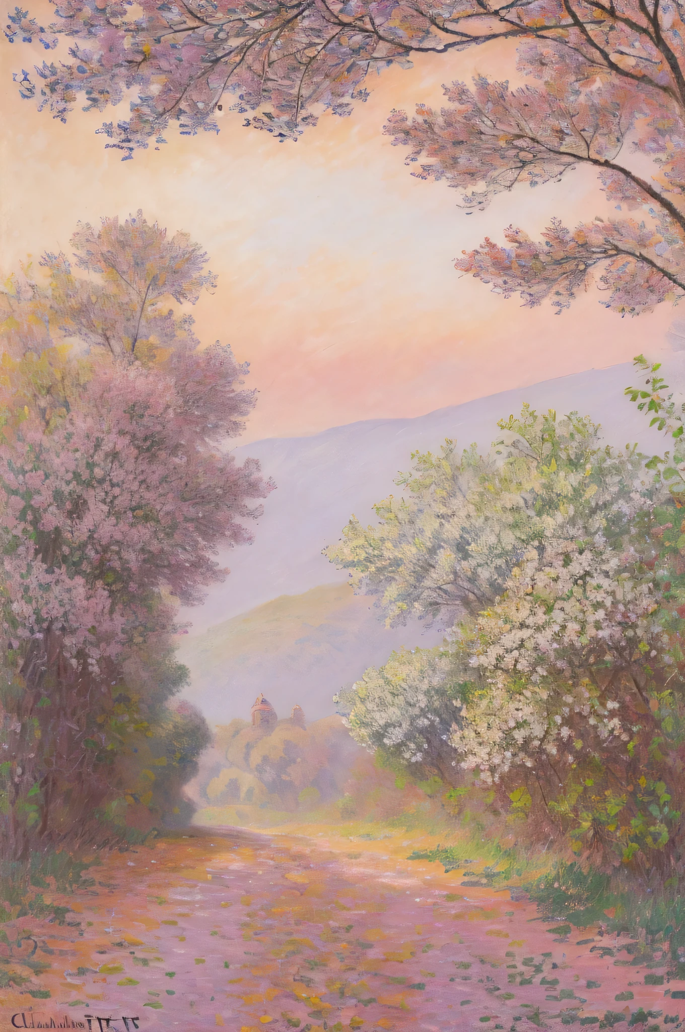 (Mejor calidad, high resolution:1.2),Oil painting,beautiful branch with foliage of paulownia tree in foreground,pintado con colores de rosa, amarillo, blanco, azul, and brown, inspirado en el estilo de Claude Monet,arte oficial,Impresionismo,Colores pasteles suaves,Luz sutil