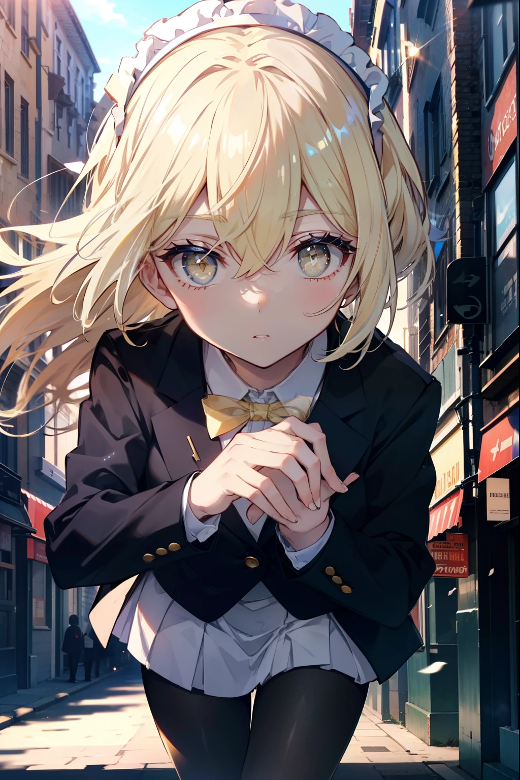 Izwallenstein, Eyes Wallenstein, blonde hair, hair between eyes, White headband, long hair, (yellow eyes:1.5), side lock,school uniform, uniform, blazer, shirt, white shirt, collared shirt, skirt, pleated skirt,black pantyhose,brown loafers,
break looking at viewer,
break outdoors, In town,building street,
break (masterpiece:1.2), highest quality, High resolution, unity 8k wallpaper, (figure:0.8), (detailed and beautiful eyes:1.6), highly detailed face, perfect lighting, Very detailed CG, (perfect hands, perfect anatomy),