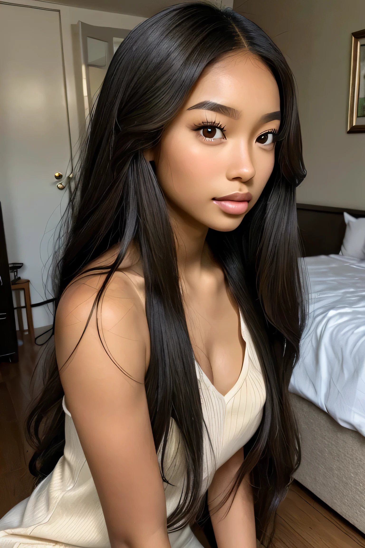 Best quality, beautiful blasian mixed woman,olive skin, long dark hair, natural face, no makeup