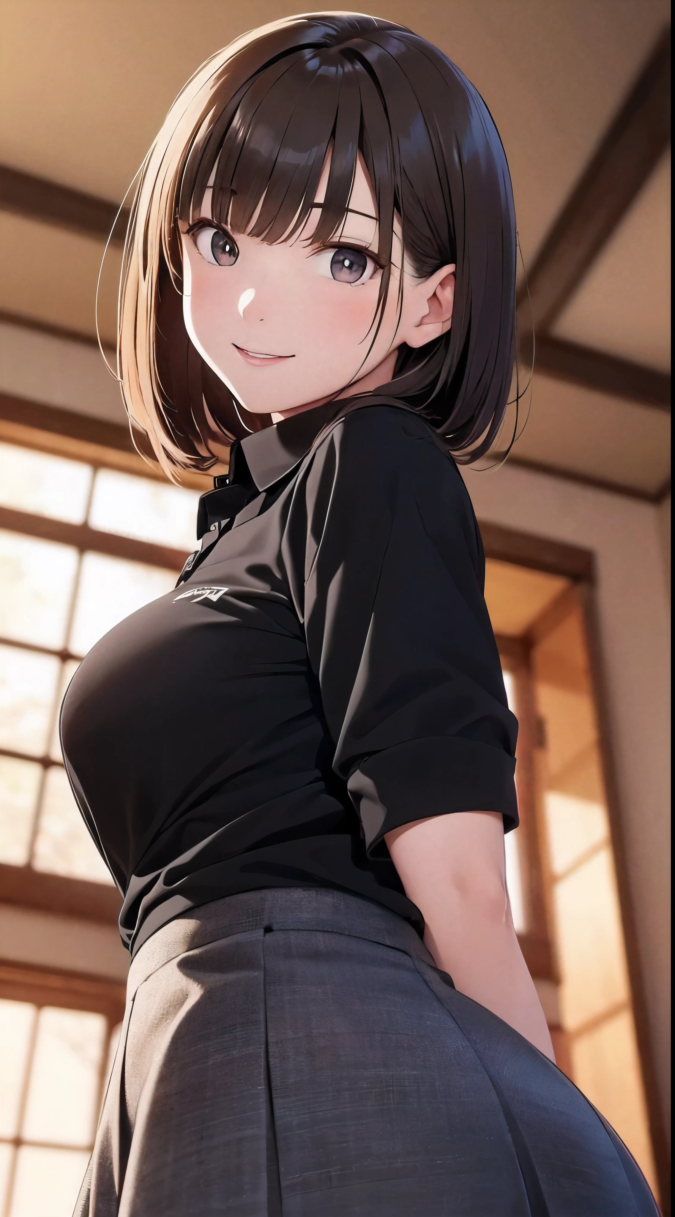 highest quality, detailed face, 1 girl, middle chest, smile, black polo shirt, gray mini skirt, excellent anatomy, looking at the viewer, soft focus, cinematic lighting, Depth of the bounds written, ((happy expression)), middle hair, from the bottom