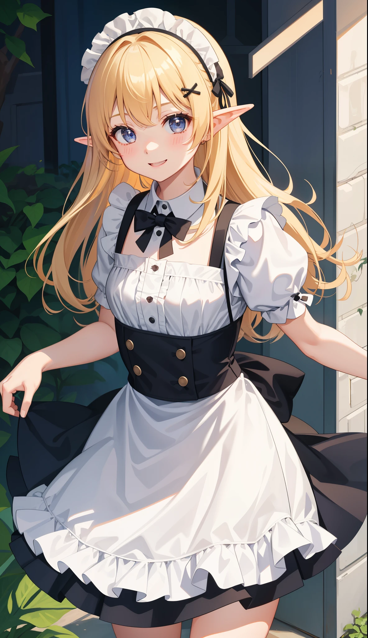 1 girl、as adult、girl、cute、shirt、skirt、apron、hair ornaments、maid、cute下着、(small breasts)(small breasts)、(upper body portrait)、、elf、、skirt、jump、smile、