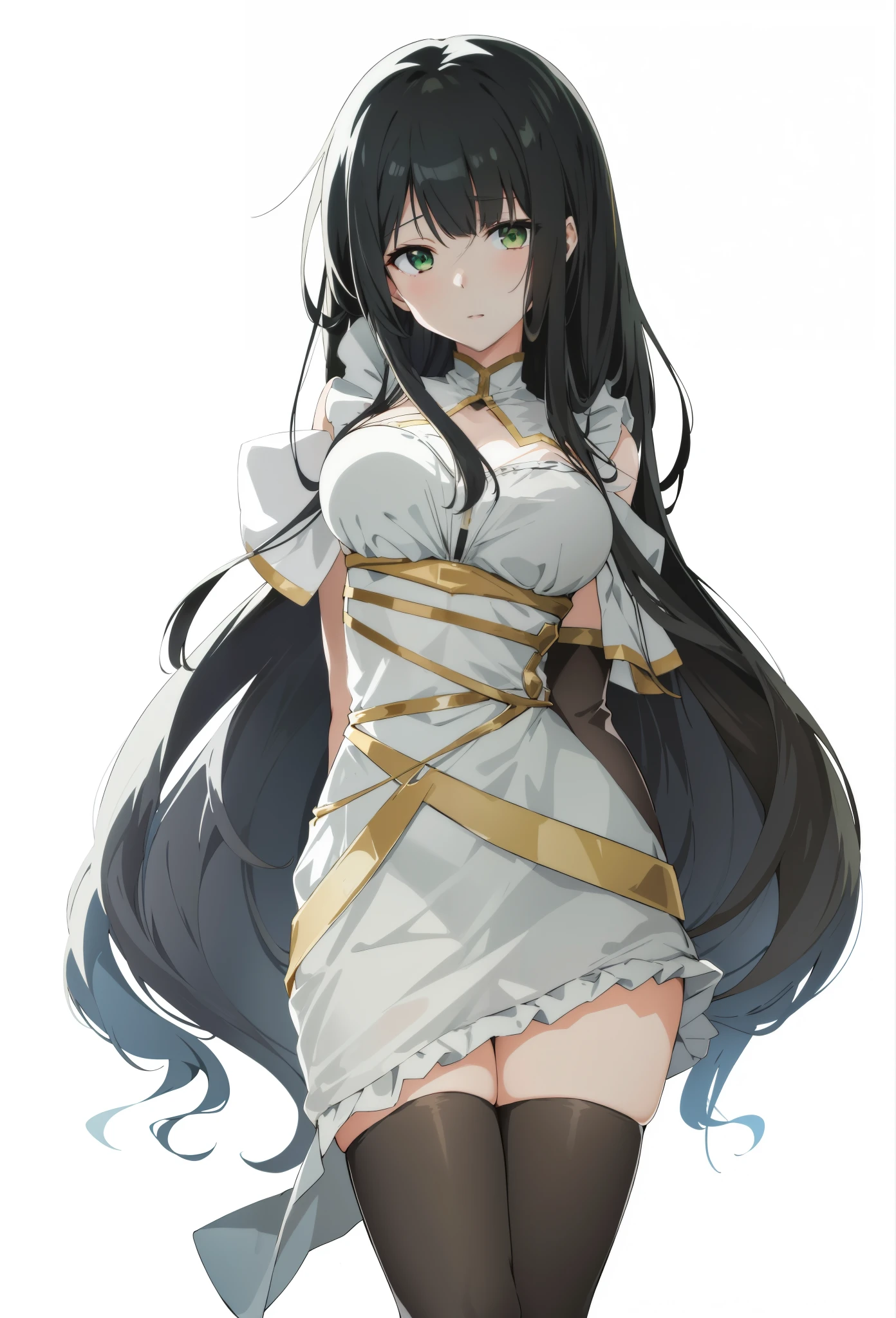 anime girl with long black hair and green eyes in a white dress, albedo, cute anime waifu in a nice dress, albedo from overlord, anime girl with long hair, anime moe artstyle,  in dress, anime full body illustration, anime girl in a maid costume, female anime character, albedo from the anime overlord