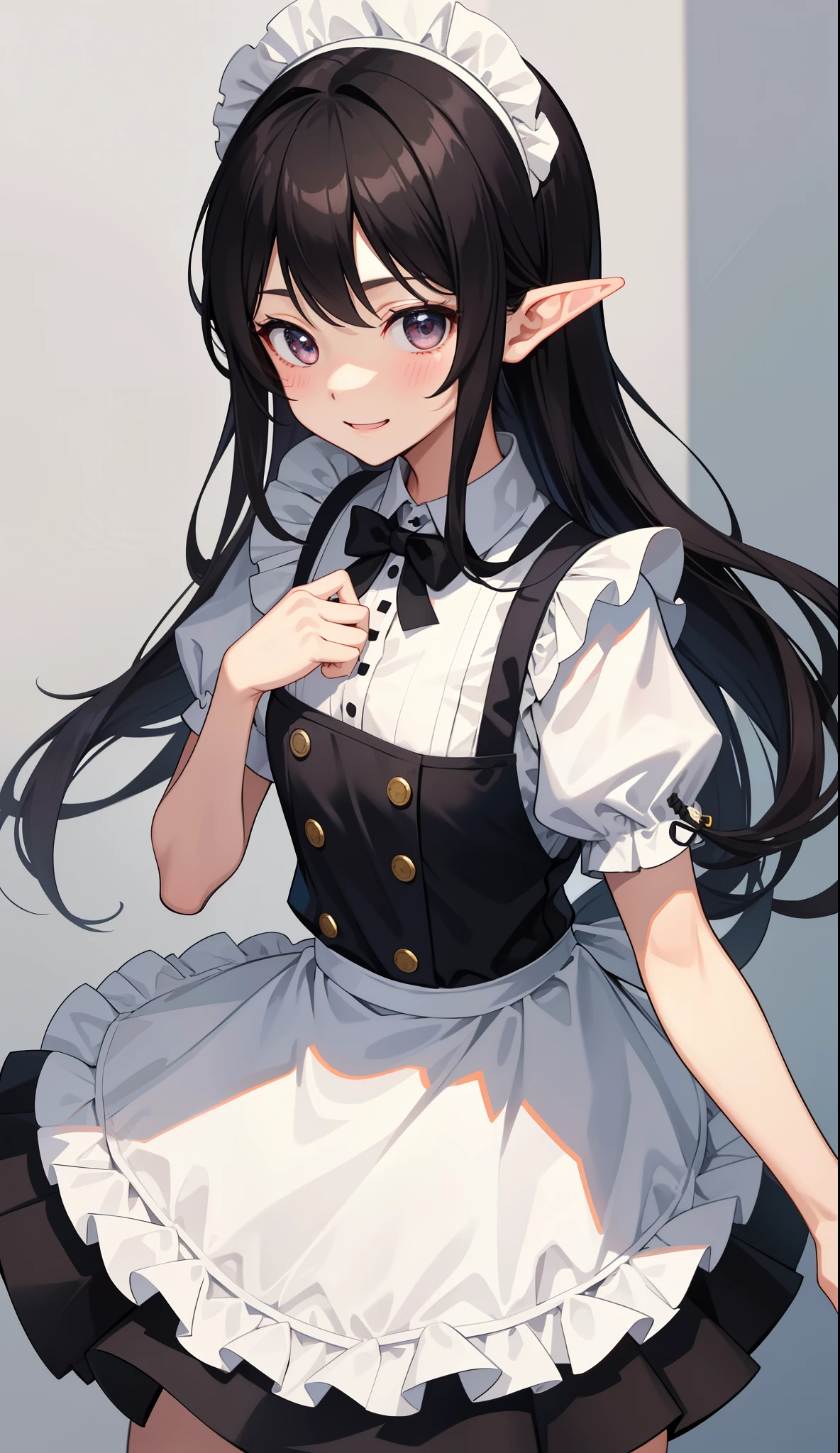1 girl、as adult、girl、cute、shirt、skirt、apron、hair ornaments、maid、cute下着、(small breasts)(small breasts)、(upper body portrait)、、elf、、skirt、jump、smile、