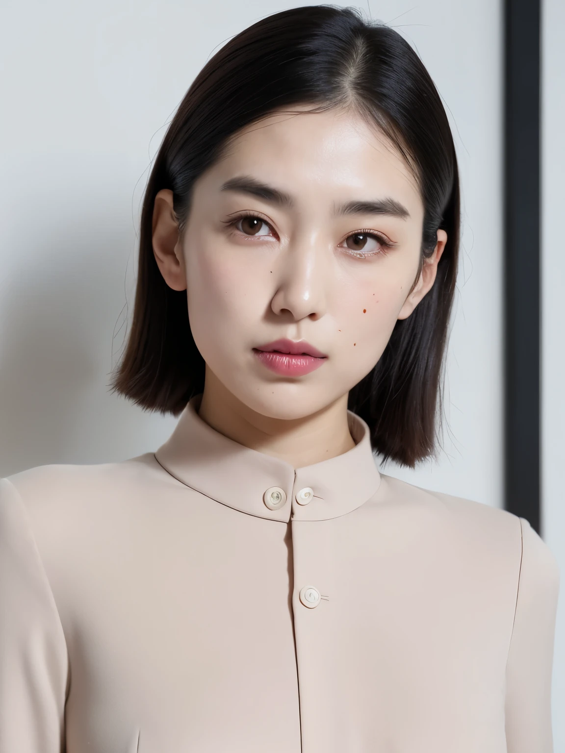 Close-up of a woman with a small crying scar, ウィノナ・ネルソンにインスピレーションを得たdigital art,1 Japanese female、 short hair、Taken in front of white tiles、long sleeve shirt、Instagram, digital art, perfect face ), Beautiful and well-shaped face, very beautiful face, pale round face, Thick, bushy, straight eyebrows, perfect face, very pretty face, 美しいthin face, big cheekbones, Hermosa Fina - Kara, long eyebrows, thin face, dua lipa, Upper body, portrait, ((full body shot:1.2))