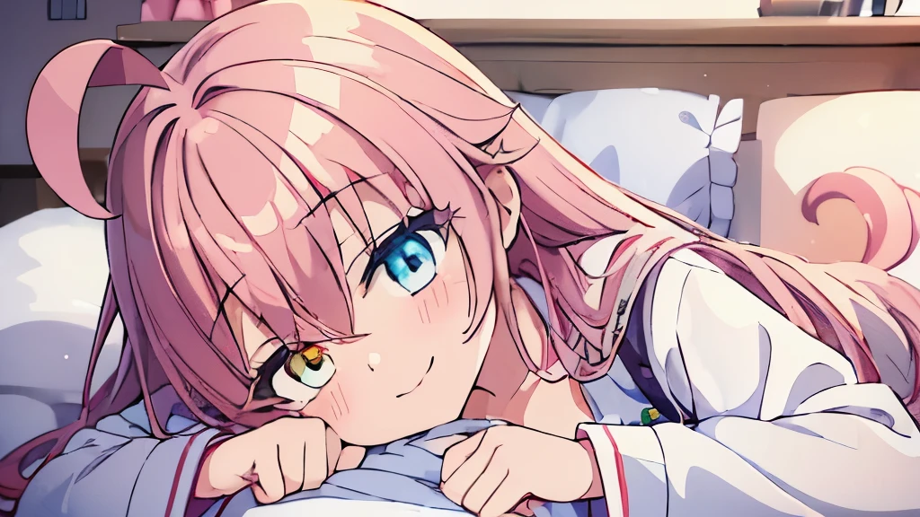 ((muste piece)), ((best quality)), (Super detailed), anime style etc.,peeing on the bed, pretty girl, 1 girl, solo, ((beautiful eyes)), shy smile,pajama00, 